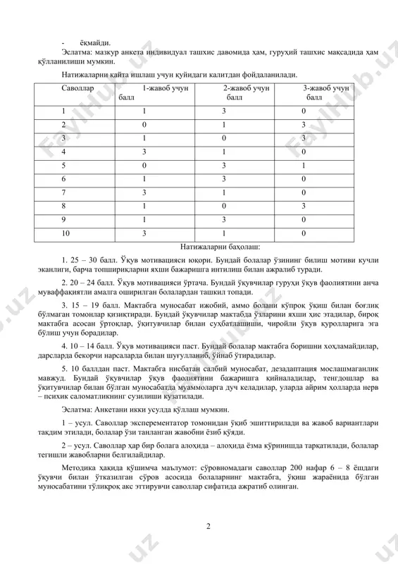 дан ташкил топади. 3. 15 – 19 балл. мактабга муносабат ижобий, аммо болани кўпроқ ўқиш билан боғлиқ бўлмаган томонлар қизиқтиради. бундай ўқувчилар мактабда ўзларини яхши ҳис этадилар, бироқ мактабга асосан ўртоқлар, ўқитувчилар билан суҳбатлашиши, чиройли ўқув қуролларига эга бўлиш учун борадилар. 4. 10 – 14 балл. ўқув мотивацияси паст. бундай болалар мактабга боришни хоҳламайдилар, дарсларда бекорчи нарсаларда билан шуғулланиб, ўйнаб ўтирадилар. 5. 10 баллдан паст. мактабга нисбатан салбий муносабат, дезадаптация мослашмаганлик мавжуд. бундай ўқувчилар ўқув фаолиятини бажаришга қийналадилар, тенгдошлар ва ўқитувчилар билан бўлган муносабатда муаммоларга дуч келадилар, уларда айрим ҳолларда нерв – психик саломатликнинг сузилиши кузатилади. эслатма: анкетани икки усулда қўллаш мумкин. 1 – усул. саволлар эксперементатор томонидан ўқиб эшиттирилади ва жавоб вариантлари тақдим этилади, болалар ўзи танланган жавобни ёзиб қўяди. 2 – усул. саволлар ҳар бир болага алоҳида – алоҳида ёзма кўринишда тарқатилади, болалар тегишли жавобларни белгилайдилар. методика ҳақида қўшимча маълумот: сўровномадаги саволлар 200 нафар 6 – 8 ёшдаги …