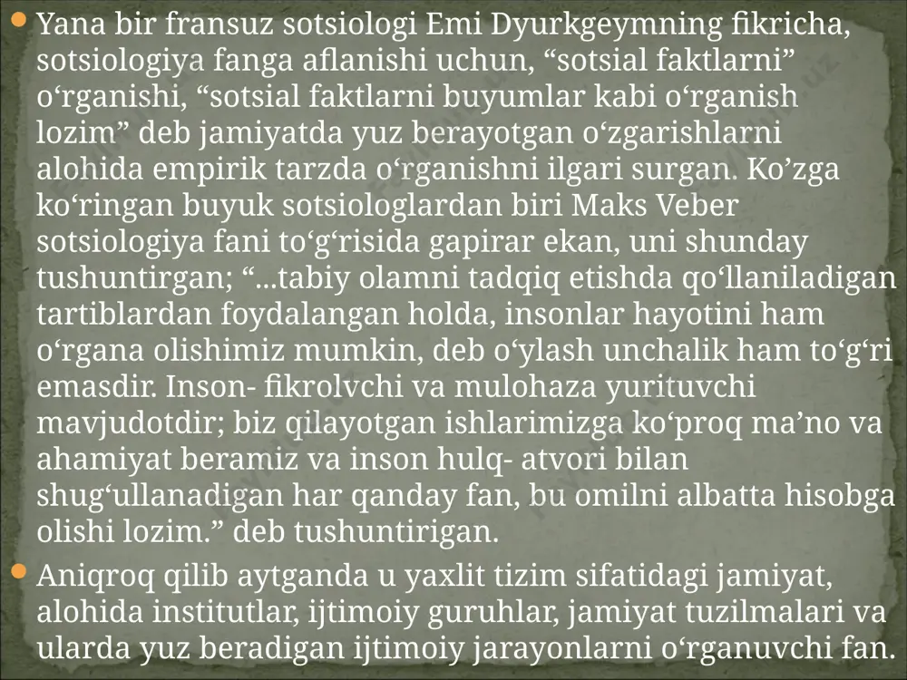 al va empiriklikdir. fundamental sotsiologiya faqat nazariy asoslarini ishlab chiqish bilan keng ma’noda ishlab chiqadi. fundamental sotsiologiyaning maqsadi – bu sotsial olamning to‘liq tasvirini yaratishdir va bu sotsial olamning taraqqiyot manbai g‘amda shakillarini aniqlashdir. yoki fundamental sotsiologiyaning asosiy maqsadlari quyidagilardan iborat: fan-texnika taraqqiyotining muhim qismi bulgan fundamental fan ilmiy rivojlanishini ta’minlashdan iborat. fan bilan ishlab chiqarish o‘rtasida uzviy aloqa bog‘lash, fanning ishlab chiqarish kuchiga aylanishini ta’minlash, fundamental g‘oyalar tajribaga, ishlab chiqarishga qaratilishi lozim. jamiyat sotsial-iqtisodiy va ilmiy-texnikaviy rivojlanishni prognoz qilib oldindan astib berish, ilmiy kuchlar va moddiy resurslardan o‘rinli foydalanish sotsiologiya insoniyatning tarixiy taraqqiyoti davomida yaratilgan madaniyatning tarkibiy qismidir. u xviii asrda kishilik jamiyati va uning qonuniyatlarini o‘rganuvchi mustaqil fan sifatida tarix falsafasida shakllandi. ijtimoiy hayotning murakkablashuvi va ilmiy bilimlarning tabaqalanishi sotsiologiyaning falsafadan ajralib, mustaqil fanga aylanishini muqarrar qilib qo‘ydi. ma’lumki falsafiy bilimlar doirasi juda keng bo‘lib, ularning tarkibiga qo‘yidagilar kiradi: ontologiya gnoseologiya logika etika sotsiologiya demak, biz falsafiy bilimlar …
