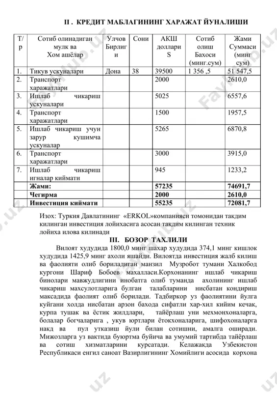 т ишлаб чикариш турлар буйича курсатгичлар оширилиб борилиши максад килинган..бир чорак давомида ишлаб чикариш ва сотиш 19385,0 сумни ташкил килади ,ялпи харажат 15685,0 минг сумни ташкил килади. чорак давомида олинган соф фойда 3700,0 минг сумни ташкил килади. рентабеллиги 3700,0\15685,0 =23,5 % yi. молиявий режа, кредит ишлатилиши, кутилаетган самарадорлик ва йиллар буйича кредит кайтарилиши. юкоридаги жадвалдан куриниб турибдики , корхона узининг фаолиятини юритиб бизнес режага асосан олинган кредит маблагидан максадли фойдаланиб фойда билан якунлайди ва бунинг натижасида уз оборот маблагига хамда кредит маблагининг уз вактида кайтариш имкониятига эга булади. ушбу лойихадаги даромад ва харажатлари хозирги кундаги нарх наводан келиб чиккан , инфляция хисобга олинмаган холда курсатилган булиб, келажакда инфляция булишидан каътий назар даромад ва харажатлар хам шунга караб усиб боради. тадбиркор уз махсулотлари учун нархни бозор бахосидан келиб чиккан холда 15% гача чегирма нархда хам чакана хам улгуржида бир хил белгилайди. тадбиркор томонидан таерланган махсулотлар вилоят ва шахар худудидаги муассасаларга сотилади. …