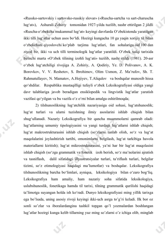 urasini ishlab chiqish (soʻzlarni tanlab olish, soʻz va lugʻat maqolalarini joylashtirish tartibi, omonimlarni belgilash, lugʻat tarkibiga havola materiallarni kiritish); lugʻat mikrostrukturasini, yaʼni har bir lugʻat maqolasini ishlab chiqish (soʻzga grammatik va fonetik izoh berish, soʻz maʼnolarini ajratish va tasniflash, dalil sifatidagi illyustratsiyalar turlari, taʼriflash turlari, belgilar tizimi, soʻz etimologiyasi haqidagi maʼlumotlar) va boshqalar. leksikografiya tilshunoslikning barcha boʻlimlari, ayniqsa, leksikologiya bilan oʻzaro bogʻliq. leksikografiya ham amaliy, ham nazariy soha sifatida leksikologiya, uslubshunoslik, fonetikaga hamda til tarixi, tilning grammatik qurilishi haqidagi taʼlimotga suyangan holda ish koʻradi. dunyo leksikografiyasi ming yillik tarixga ega bo’lsada, uning asosiy rivoji keyingi ikki-uch asrga to’g’ri keladi. ilk bor oz sonli so’zlar va iboralardangina tashkil topgan qo’l yozmalardan boshlangan lug’atlar hozirgi kunga kelib tillarning yuz ming so’zlarni o’z ichiga olib, minglab adadda chop etilmoqda. keyingi yillarda leksikografiyaning faqatgina amaliy tomoni emas, balki nazariy yo’nalishi, obyekti, predmeti shakllandi. lug’at tuzish nazriyasi, amaliyoti tilshunoslikning mahsus sohasiga aylandi. lug’atshunoslik tilshunoslikning mana …
