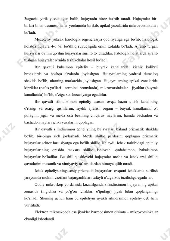 anganligi ko'riladi. shuning uchun ham bu epiteliyni jiyakli silindrsimon epiteliy deb ham yuritiladi. elektron mikroskopda esa jiyaklar barmoqsimon o'simta – mikrovorsinkalar ekanligi isbotlandi. bir qavatli ko'p qatorli epiteliy – nafas yo'llarini va tanosil sistemaning ayrim qismlarini qoplagan bulib, uning tarkibidagi barcha hujayralar bazal membranada joylashgan, shuning uchun ham bir qavatli deyiladi, lekin hujayralarning shakli turlicha bo'lganligi sababli ularning yadrolari har xil tekislikda yotadi va ko'p qatorli deyiladi. yuqori nafas yo'llarining shilliq pardasini qoplagan epiteliy tarkibida kiprkli silindirsimon, qadaxsimon, yirik (duksimon) va kichik (kubsimon) qo'shimcha hujayralar hamda endokrin hujayralar tafovut qilinadi. kiprikli hujayralarning apikal yuzasida kiprikchalar bo'lib, har bir hujayrada o'rtacha 250 tacha bo'ladi. elektron mikroskopda kiprikchalar murakkab tuzilishga ega ekanligi, ya'ni ikkita markaziy va 9ta juft perifik naychalardan tuzilganligi isbotlangan. kiprikchalarning harakatlanishi oqibatida nafas yo'llarida shilliq moddani siljishi bilan bir qatorda havo chang va yot zarralardan tozalanadi hamda tashqi muhitga chiqarib turiladi.