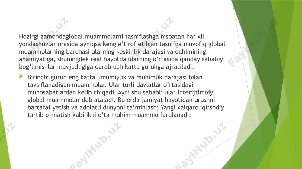 tasodifiy narsalardan farqlash, tarixiy rivojlanishda ob’ektiv jarayonlarning sub’ektiv omillardan farqi kabi usullari va metodlari hozirgi zamonda insoniyat duch kelgan olamshumul muammolarni nazariy anglab yetish va amalda bartaraf etish uchun ayniqsa muhim ahamiyat kasb etadi. global muammolarni yechishda falsafaning roli. og‘ir va murakkab vazifalarni yechishda insonga fan doim yordam bergan. bir paytlar erishib bo‘lmaydigan, inson imkoniyatlari darajasidan tashqarida bo‘lib tuyulgan narsalarning aksariyatiga aynan fan yordamida erishilgan. ayni shu sababli global muammolar xavf solayotgani haqidagi ilk ogohlantirishlarning o‘ziyoq odamlarni fanga o‘z e’tiborini qaratishga, olimlarni esa bu muammolarni yechish yo‘llarini izlashga majbur qildi. yuzaga kelgan vaziyatning o‘ziga xosligi va yangiligi shundan iboratki, har qanday muayyan muammolarni ayrim fan yoki bir necha fanlar majmui doirasida o‘rganish mumkin bo‘lsa, inson, jamiyat va tabiatni ularning ko‘p sonli o‘zaro aloqalari va o‘zaro bog‘liqliklarida qamrab oluvchi murakkab tizimdan iborat global muammolarni tadqiq etishga ayrim fanlar qodir emas. zero o‘z tadqiqoti ob’ekti – u yoki bu ayrim muammoni shu …
