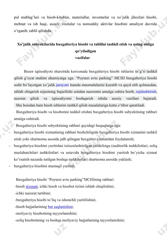 a oshirilishini. xususiy kapital ustav fondidan (ustav kapitalidan), qo’shilgan, zaxira kapitalidan va taqsimlanmagan foydadan tarkib topadi. ustav fondi (ustav kapitali) ta’sis hujjatlarida belgilangan hissalarning (pulda ifodalangan holdagi) yig’indisini aks ettiradi. ustav fondiga (ustav kapitaliga) hissalar shaklida kiritiladigan moddiy va nomoddiy aktivlar ta’sischilar (ishtirokchilar) o’rtasidagi kelishuvga ko’ra baholanadi, qonunda nazarda tutilgan hollarda esa, baholovchi tashkilot tomonidan baholanishi kerak. “poytaxt avto parking” mchjning ustav kapitali 4 500 000(to’rt million besh yuz ming) so’mni tashkil qiladi. jamiyat ustav kapitalidagi muassisining hissasi 100%ni tashkil etadi va pul mablag’lari to’liq shakllanadi. ustav fondida qayd etilgan faoliyat turlari quruqlik transpori sohasidagi xizmatlar, avtoturargoh va avtoparkovkalarni tashkil etish va ularni ekspluatatsiya qilishdan iborat. xalqaro standartlar bo’yicha tuziladigan moliyaviy hisobotga doir talablar moliyaviy hisobotning xalqaro standartlarida belgilanadi. хo’jaliklarda mavjud pul mablag’laridan maqsadli foydalanish va ularni samarali boshqarish, shuningdek, olinadigan mablag’lar va majburiyatlarni o’z vaqtida so’ndirish buxgalteriya hisobi orqali nazorat qilinadi. shu boisdan, ushbu nazoratni to’g’ri va o’z vaqtida …