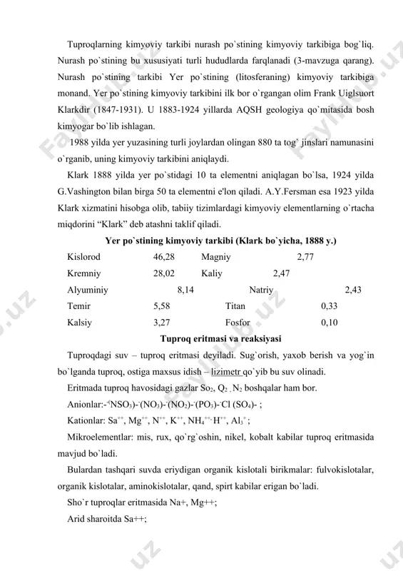 l2+, al3+ ionlar ko`p bo`ladi. tuproq eritmasi reaksiyaga ega bo`lib, u kislotali va ishqoriy neytral muhitini hosil qiladi. agar tuproq asoslarga to`yinmagan bo`lsa u kislotali muhitga ega bo`ladi. tuproqning reaksiya muhiti suvli so`rim orqali aniqlanadi va u rn bilan belgilanadi: rn=7,0 dan past bo`lsa –ishqoriy muhit rn=7,0 bo`lsa neytral muhit rn=7,0 dan baland bo`lsa kislotali muhit podzollashgan va qizil tuproqlarda rn= 4-6 qora tuproqlarda – 5,8-7,5 bo`z tuproqlarda – 7-8 sho`r tuproqda – 10-11 shimol tuproqlarida juda kam 3,5 podzol tuproq – kuchli kislotali, buni ohak neytrallaydi sho`rtoq tuproq esa – kuchli ishqoriy muhitga ega bo`lib buni gips neytral holga keltiradi. madaniy o`simliklar uchun tuproq eritmasi rn 4-8 o`rtasida bo`lishi qulaydir. suli uchun 5-6 beda uchun 5,8 – 6,4 nuhat uchun 5,5 – 6,4 bugdoy uchun 6,6 – 7,8 lavlagi uchun 7,0 – 7,5 g`o`za uchun 6,8 – 8,5 tuproqning suvli so`rimi (vodnaya vыtyajka). tuproq tarkibi turli xil tez eriydigan …
