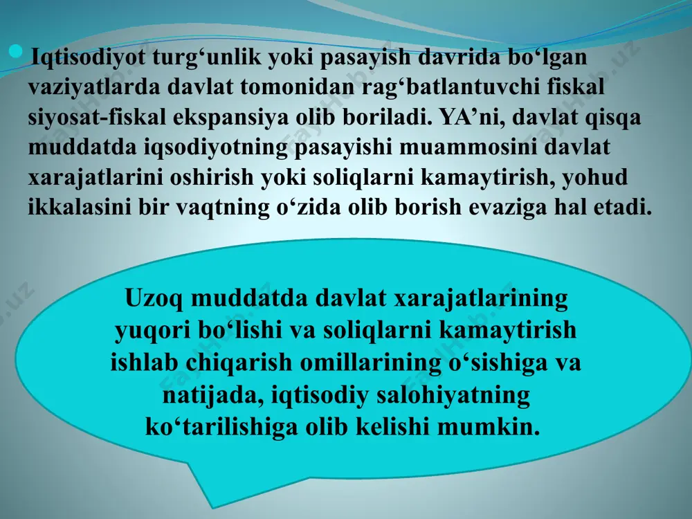 il yoritilgan bo‘ladi. bundan tashqari, markaziy hokimiyat o‘zining mohiyati bo‘yicha boshqa subsektorlardan ustun turuvchi, soliq-byudjet nuqtai nazaridan qaraganda davlat boshqaruv sektorining eng asosiy subsektorlar hisoblanadi. 4. davlat boshqaruv organlari operatsiyalarining tavsiflanishi ushbu bo‘limda dbo operatsiyalarini tasniflashning nazariy asoslari statistik tizimning asosiy kategoriyalari bo‘yicha yoritilgan: daromadlar, olingan transfertlar, xarajatlar, sof kreditlash, minus qarzlar to‘lovi va moliyalashtirish. a) asosiy chegaralanishlar to‘lov va bir yoqli operatsiyalar. to‘lov operatsiyalari o‘z ichiga tovar, xizmatlar to‘lovi, mulkdan foydalanish yoki unga nisbatan egalik huquqning qo‘lga kiritish, shuningdek, amaliy xizmatlar to‘lovini oladi. bir yoqli operatsiyalar – masalan, soliq daromadi u yoki bu shakldagi bevosita to‘lovsiz to‘lov va tushumlarni o‘z ichiga oladi. joriy va kapital. kapital tovarlar deb ishlab chiqarish jarayonida ishlatiladigan va kelajakdagi daromadlar va joriy iqtisodiy farovonlikka ta’sir ko‘rsatuvchi, 1 yildan ortiq xizmat muddatiga ega bo‘lgan tovarlarga aytiladi. moliyaviy aktivlar va passivlar. bunday chegaralash fiskal hisoblardagi aktiv va passivlar assimetriyasi sababli zarur. garchi, davlat zayomlari davlat moliyaviy …