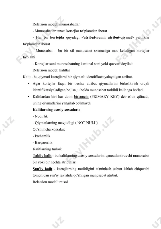 enti (atributi) bitta ma'lumot elementidan iborat bo'ladi - jadvalning har bir ustuni bir jinsli, ya'ni ustunning barcha elementlari bir xil xususiyatga (bitta ma'lumotlar turiga) ega - ustunlar noyob nomlanadi - jadvalda ikkita bir xil satr mavjud emas - sart va ustunlarni ixtiyoriy tartibda qarab chiqish mumkin odatdagi jadval va munosabatlarning farqi: atribut qiymatlarining atomligi r1 – normallashmagan munosabat r2 – normallashgan munosabat ta’minotchikodi tovarkodi tovar ta’minotchikodi tovarkodi tovar p1 1 2 13 shakar tuz un p1 1 shakar p1 2 tuz p1 13 un p2 26 58 130 162 guruch grechka non yog‘ p2 26 guruch p2 58 grechka p2 130 non p2 162 yog‘ p3 474 891 sut qatiq p3 474 sut p3 891 qatiq relatsion model: misol sun’iy kalitlardan foydalanishga misol clients jadvali. adreslar name address city state country gerry farish 127 caesar chaver st. san francisco ca usa celia brock 246 3rd st. sonoma ca usa julio …