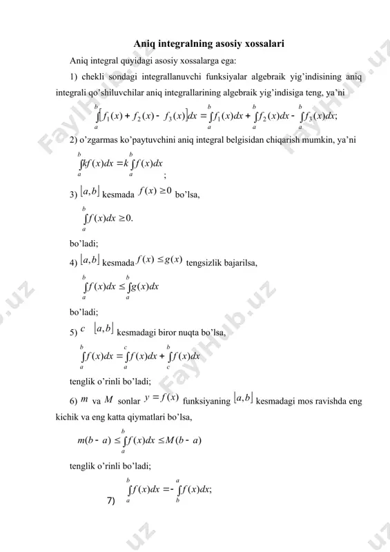 m foydalanamiz. 1-misol. integralni hisoblang. yechish. . eslatma: funksiyaning boshlang’ich funksiyasini oldik, buning o’rniga ixtiyoriy boshlang’ich funksiyasini olganda ham natija bir xil bo’ladi. haqiqatan, ham bo’ladi. shuning uchun bundan keyin bo’lgan boshlang’ich funksiyani olamiz. 2-misol. integralni hisoblang: yechish; almashtirish olamiz, bo’lib, bo’lganda, bo’ladi. shunday qilib, demak, aniq integralda o’zgaruvchini almashtirilganda o’zgaruvchilar bo’yicha uning integrallash chegaralarini ham almashtirib olinsa, aniqmas integraldagidek oldingi o’zgaruvchiga qaytish kerak emas. 3-misol. integralni hisoblang. yechish: bo’laklab integrallash formulasidan foydalanamiz: image6.wmf image7.wmf image8.wmf image9.wmf image10.wmf image11.wmf image12.wmf image13.wmf image14.wmf image15.wmf image16.wmf image17.wmf image18.wmf image19.wmf image20.wmf image21.wmf image22.wmf image23.wmf image24.wmf image25.wmf image26.wmf image27.wmf image28.wmf image29.wmf image30.wmf image31.wmf image32.wmf image33.wmf image34.wmf image35.wmf image36.wmf image37.wmf image38.wmf image39.wmf image40.wmf image41.wmf image42.wmf image43.wmf image44.wmf image45.wmf image1.wmf image46.wmf image47.wmf image48.wmf image49.wmf image50.wmf image51.wmf image52.wmf image53.wmf image54.wmf image55.wmf image2.wmf image56.wmf image57.wmf image58.wmf image59.wmf image60.wmf image61.wmf image62.wmf image63.wmf image64.wmf image65.wmf image3.wmf image66.wmf image67.wmf image68.wmf image69.wmf image70.wmf image71.wmf image72.wmf image73.wmf image74.wmf image75.wmf image4.wmf image76.wmf image77.wmf image78.wmf …