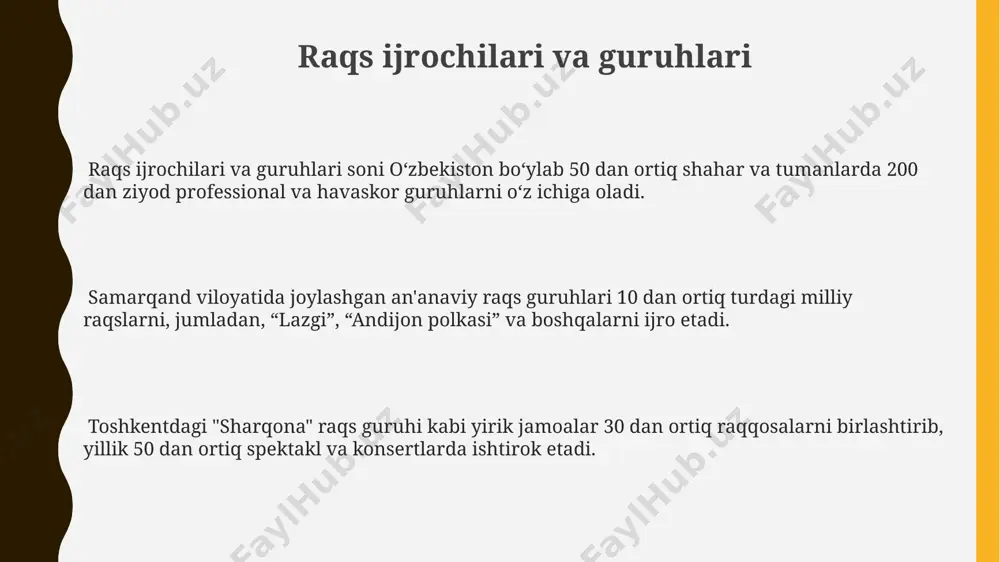 yish etiladi. toshkent viloyati va uning atrofidagi 3 ta tumanda, jumladan, ohangaron, chinoz va oqqo‘rg‘onda, 7 dan ortiq xalq raqsi turlari, masalan, "to‘y raqsi" va "buxoro raqsi" kabi raqslar ijro etilib, ularning har biri o‘ziga xos xususiyatlari bilan farqlanadi. xorazm viloyatining 5 ta tumanida, jumladan, xiva, urganch va qo‘ng‘irot kabi shaharlarda o‘ziga xos xalq raqslari, masalan, "qo‘shma" va "lazgi" kabi raqslari mavjud bo‘lib, ularning har biri o‘ziga xos musiqa va harakatlar bilan ajralib turadi. e'tiboringiz uchun rahmat @taqdimot_robot