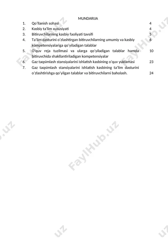 yuqoriroq malakaga erishish maqsadida oliy ta’lim muassasasida o‘qishni davom ettirishi mumkin. 2.4. o‘qishga qabul shartlari. o‘qishga qabul shartlari amaldagi qonunchilik asosida amalga oshiriladi. 3.bitiruvchilarning kasbiy faoliyati tavsifi 3.1. bitiruvchining kasbiy faoliyat sohasi: gaz taqsimlash stansiyalarini ishlatish kasbning asosiy maqsadi, ta'lim dasturini amalga oshirish shartlariga qo'yiladigan talablar umumiy tizim talablarini, moddiy-texnik, o'quv-uslubiy ta'minotga, o'quvchilarning ta'limini tashkil etishga qo'yiladigan talablarni, ta'lim dasturini amalga oshirish uchun kadrlar va moliyaviy sharoitlarni o'z ichiga oladi. 3.1.bitiruvchining kasbiy faoliyat ob’ektlari: 3.1.1. texnik kvalifikatsiyasi bo‘yicha: · gaz taqsimlash punktlari; · kompressor sexlari va qurilmalari; · nasos sexlari; · texnologik qurilmalar hujjatlari; · gazni tozalash qurilmalari; · nazorat o’lchov asboblari; · magistral gaz quvurlari; · gaz taqsimlash stasiyalarida ishlatiladigan zadvijkalar, berkituvchi moslamalar; · selektiv tozalash va h.k. 3.2. gaz taqsimlash stansiyalarini ishlatish kasbi bo‘yicha ta’lim oluvchi quyidagi faoliyat turlariga tayyorlanadi: 3.2.1. texnolog kvalifikatsiyasi bo‘yicha: · mashina va agregatlarni detallari va qismlarini changdan, ifloslikdan va yog‘ingarchilik asoratlaridan tozalash; · …