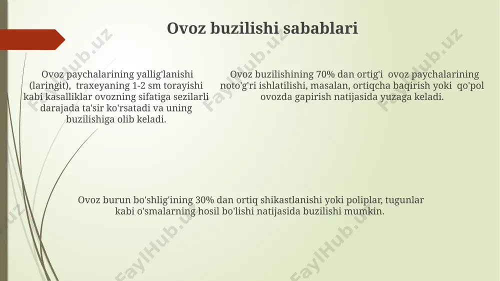 jasida esa ovozning kuchi va chastotasini nazorat qiladi. farynxning ovozdagi roli farinksning hajmi va shakli ovozning rezonansiga sezilarli ta'sir ko‘rsatadi, masalan, tilning holati va farinksning torayishi yuqori chastotali tovushlarning kuchayishiga olib keladi. farinks, ovoz hosil bo‘lishida, nafas olish yo‘lining yuqori qismida joylashgan bo‘lib, 3 ta asosiy qismga: nazofarinks, orofarinks va hipofarinksga bo‘linadi va ularning har biri ovoz shakllanishiga turlicha ta'sir ko‘rsatadi. ovoz paychalarining tebranish amplitudasini farinks devorlarining mushaklarining qisqarishi va bo‘shashishi orqali 20 dan ortiq turli xil tovushlarni hosil qilishga yordam beradi. ovoz kuchini tartibga solish ovoz kuchini oshirishda, nafaqat o'pka bosimi, balki laringial mushaklarning kuchlanishi ham muhim rol o'ynaydi, bu esa 15-25 db gacha farqni ta'minlaydi. ovoz kuchini tartibga solishda nafas olishning chuqurligi va hajmiga qarab, o'pka hajmining 30-50% gacha o'zgarishi mumkin, bu esa ovozning balandligini aniqlaydi. vokal kordlarining uzunligi va tarangligini o'zgartirish orqali, 100 dan 1000 gts gacha bo'lgan chastota oralig'ida ovoz balandligi sozlanadi. bu miya tomonidan nazorat …