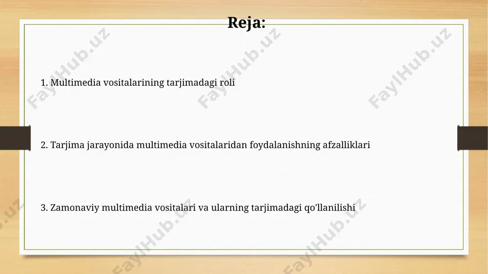 ha bajarilish muddatini 10-15 kun qisqartirishga yordam beradi. masofaviy tarjimada subtitrlar va transkriptlar kabi multimedia vositalaridan foydalanish 20% ga yaqin vaqtni tejashga va tarjima aniqligini 15% ga oshirishga yordam beradi. audio va video tarjimalarida multimedia audio va video tarjimalarda subtitrlarning aniqligi 90% dan yuqori bo‘lishi kerak, aks holda tomoshabinlar matnni tushunishda qiyinchiliklarga duch kelishlari mumkin. bu esa tarjima sifatiga salbiy ta'sir ko'rsatadi. multimedia vositalaridan foydalanish orqali, masalan, interaktiv grafikalar yordamida, murakkab texnik terminlarni 2-3 marta soddalashtirib tushuntirish mumkin. subtitrlar va dublyajda multimedia texnologiyalari yuqori sifatli audio va video tahrirlash vositalari dublyajdagi ovoz balandligini, tembrini va boshqa parametrlarni aniq sozlashga imkon berib, 16 bitli stereo audiodan foydalanish orqali sifatni oshiradi. tarjimonlarga 3d modellashtirish va vr texnologiyalari orqali o'zbek va rus tillaridagi subtitrlarni videoga aniq joylashtirishda yuqori aniqlikda 100% moslashuvchanlikni ta'minlaydi. multimedia vositalaridan foydalanishda duch kelinadigan muammolar multimedia tarkibdagi audio va video fayllarni sinxronlashtirishda aniqlik va toʻgʻrilikni ta'minlash muammosi, taxminan 5-10% hollarda …