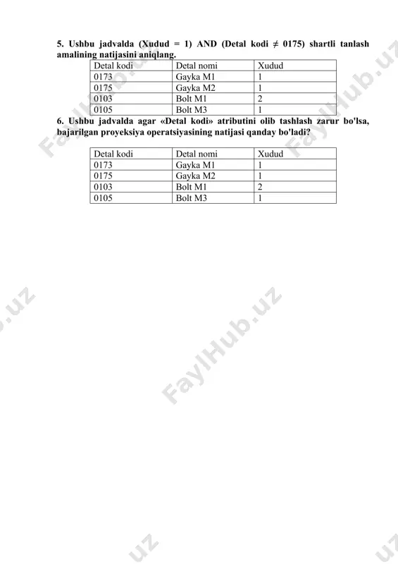 ing birikmasini toping. 4. jadvallarda bo'lish amalini bajaring: fish aliyev i.i. qosimov p.p. salimov s.s. fish fan aliyev i.i. matematika qosimov p.p. informatika salimov s.s. matematika fan matematika 5. ushbu jadvalda (o'rtacha ball> 4) or (talaba kodi ≠ 1) shartli tanlash amalining natijasini aniqlang talaba kodi fish o'rtacha ball 1 aliyev i.i. 3,5 2 qodirov o.o. 4,2 3 qosimov p.p. 4,4 4 alimov b.b. 2,8 6. ushbu jadvalda agar «o'rtacha ball» atributini olib tashlash zarur bo'lsa, bajarilgan proyeksiya operatsiyasining natijasi qanday bo'ladi? talaba kodi fish o'rtacha ball 1 aliyev i.i. 3,5 2 qodirov o.o. 4,2 3 qosimov p.p. 4,4 4 alimov b.b. 2,8