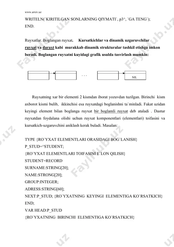 uzigа e`tibоr bеrish kеrаk. ushbu pаrаmеtr prsеdurаlаrgа kursаtkich buyichа uzаtilаdi, shuning uchun ushbu prоsеdurаlаr ruyхаt bоshi kursаtkichini uzgаrtirishi mumkin. foydalanilgan adabiyotlar: 1. культин н.б. программирование в turbo pascal 7.0 и delphi. спб.: бхв-петербург, 2001.181-183 с. 2. абрамов с.а.,зима е.в. начала программирования на языке паскаль.м:наука,1987.83-110с. 3. файсман а. профессиональное программирование на турбо-паскаль. ташкент 1992.201-222с. 4. pascal tilida programmalash bo`yicha masalalar to`plami. o`quv qo`llanma. mualliflar: a.a.xaldjigitov, sh.f.madraximov, a.m.ikromov, s.i.rasulov, o`zmu, 2005 yil,78-98 bet. 5. informatika va programmalsh.o`quv qo`llanma. mualliflar: a.a.xaldjigitov, sh.f.madraximov, u.e.adambayev, o`zmu, 2005 yil, 99-102 bet. 6. www.ziyonet.uz nil