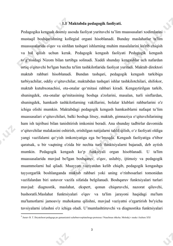 aytish mumkin. pedagogik kengash ko‘p funksiyali organ hisoblanadi. u ta'lim muassasalarida mavjud bo'lgan boshqaruv, o'quv, uslubiy, ijtimoiy va pedagogik muammolarni hal qiladi. muayyan vaziyatdan kelib chiqib, pedagogik kengashga tayyorgarlik boshlanganda maktab rahbari yoki uning o‘rinbosarlari tomonidan vazifalardan biri ustuvor vazifa sifatida belgilanadi. boshqaruv funktsiyalari turlari mavjud: diagnostik, maslahat, ekspert, qonun chiqaruvchi, nazorat qiluvchi, bashoratli.maslahat funktsiyalari o'quv va ta'lim jarayoni haqidagi ma'lum ma'lumotlarni jamoaviy muhokama qilishni, mavjud vaziyatni o'zgartirish bo'yicha tavsiyalarni izlashni o'z ichiga oladi. u[footnoteref:1]mumlashtiruvchi va diagnostika funktsiyalari pedagogik kengashning bunday shakllarini o'z ichiga oladi, ular davomida eksperimental ishlar, psixologik va tibbiy ko'riklar o'tkaziladi. rejalashtirish va prognostika funktsiyalari maktabni rivojlantirish rejasini tanlash, o'quv dasturlari, darsliklar, uslubiy rejalarni tanlashni o'z ichiga oladi. ekspert-nazorat funktsiyalari nafaqat pedagogik kengashlarni o'tkazishni, balki maktab, o'qituvchilarning ishi, xodimlar va o'quvchilar tomonidan ta'lim muassasasi ustaviga rioya qilishlari to'g'risida hisobotlarni tayyorlashni ham o'z ichiga oladi. tuzatish funktsiyalari mamlakat va dunyodagi o'zgarishlarni hisobga olgan holda maktabning tayyor ish rejasiga …
