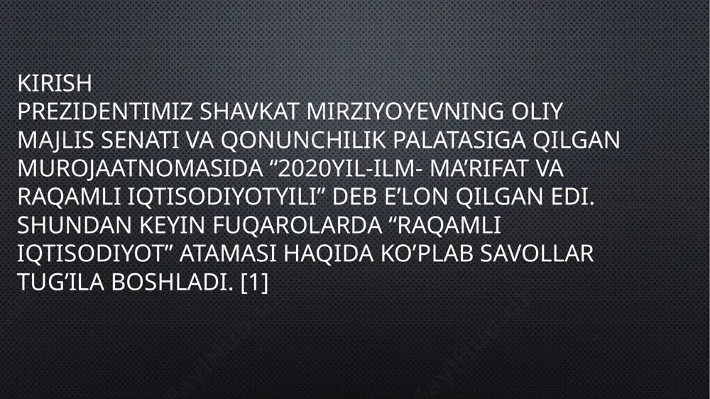 infratsuturani rivojlantirish, kadrlar tayyorlash, innovatsiyalarni qoʻllash va xalqaro hamkorlikni kuchaytirish orqali raqamli iqtisodning foydalarini toʻliq his qilishi mumkin. foydalanilgan adabiyotlar o’zbekiston respublikasi prezidentining 2018 yil 28 dekabrdagi 2019 yil uchun eng muhim ustivor vazifalar haqidagi oliy majlisga muroja’atnomasi. постановление кабинета министров «о дополнительных мерах по дальнейшему развитию и внедрению цифровой экономики в республике узбекистан от 31 августа 2018 года. гулямов с.с. va boshqalar .raqamli iqtisodiyotda blokcheyn texnologiyalari. т.: “iqtisod molia” nashriyoti, 2019. 396 bet. аюпов р.х., балтабаева г.р. ракамли валюталар бозори: инновациялар ва ривожланиш истикболлари. –т: “фан ва технология” nashriyoti, 2018, 172 бет. лапидусл.в. цифровая экономика: управление электронным бизнесом и электронной коммерцией. –м.: инфра-м, 2017. -281 с. https://ru.wikipedia.org/wiki/- vikipediadagi sahifa e’tiboringiz uchun rahmat image2.png image3.png image4.png image5.png image6.png image7.png