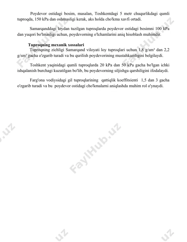 xossalari tuproqning zichligi samarqand viloyati loy tuproqlari uchun 1,8 g/sm³ dan 2,2 g/sm³ gacha o'zgarib turadi va bu qurilish poydevorining mustahkamligini belgilaydi. toshkent yaqinidagi qumli tuproqlarda 20 kpa dan 50 kpa gacha bo'lgan ichki ishqalanish burchagi kuzatilgan bo'lib, bu poydevorning siljishga qarshiligini ifodalaydi. farg'ona vodiysidagi gil tuproqlarining qattiqlik koeffitsienti 1,5 dan 3 gacha o'zgarib turadi va bu poydevor ostidagi cho'kmalarni aniqlashda muhim rol o'ynaydi. 📌xulosa geomexanika va tekis poydevorlarni tahlil qilish, tuproqning mexanik xususiyatlari va poydevorning o'lchamlarini hisobga olgan holda, optimal loyihalashni ta'minlaydi va yer sathining cho'kishi va deformatsiyasini oldini olishga yordam beradi. 📚foydalanilgan adabiyotlar 1. das, b. m. (2011). nazorat qilinadigan yer mexanikasi. 2. bowles, j. e. (1996). muhandislik geomexanikasi asoslari. 3. terzaghi, k., peck, r. b. (1967). yer asoslari mexanikasi. 4. scott, c. r. (1981). yassi poydevorlarning geotexnikasi. 5. poulos, h. g