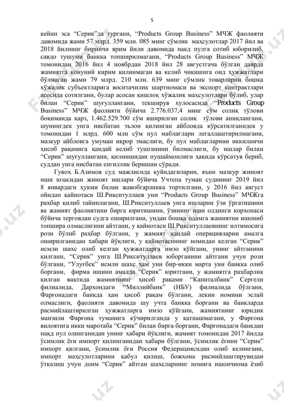 и молиявий- хўжалик фаолияти юзасидан тақдим этган ҳисоботларига сохта маълумотлар ва ёзувлар киритиб, ўзбекистон республикаси ск 348-моддаси талабларини бузиб, солиққа тортиладиган солиқ объектини (ялпи тушумни) қасддан 4 камайтириб кўрсатиш мақсадида 770.775.300 сўм ягона солиқ тўловини камайтириб ҳисоблаб, шунингдек 691.754.400 сўм ягона солиқ тўловини бутунлай ҳисоботларда кўрсатмасдан яшириб, расмий ҳужжатларни қалбакилаштириб, ҳужжатнинг қалбаки эканлигини била туриб, ундан фойдаланиб, жами жуда кўп миқдорни ташкил қилган 1.462.529.700 сўм солиқ ва бошқа мажбурий тўловларни яшириб, уларни тўлашдан бўйин товлаган. судланувчи ш.рикситуллаев суд мажлисида айбига қисман иқрор бўлиб қуйидагиларни, у “inter good food’' мчжни 2013 йил 15 мартда таъсис қилгани, жиноий жавобгарликка тортилгач 2013 йил 13 ноябрда таниши с.айтметовни “inter good food” мчжга раҳбар қилиб тайинлагани, у кўп ишламай 2013 йил 6 декабрда корхонадан бўшаб кетгани, шу кундан ш.насритдиновни раҳбар қилиб тайинлагани, бироқ корхона фаолиятини ўзи бошқариб келгани, 2015 йил 18 февралда ш.насриддинов ҳам ишдан бўшаб кетгач корхонани ўзи бошқаргани, 2016 йил апрель ойида зангиота …