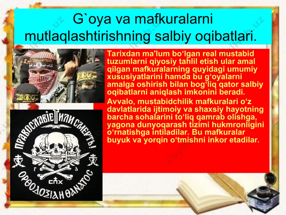 nlar ruhiyati orqali ham o‘tdi. oqibatda grajdanlar urushiga nazariy poydevor qo‘yildi. inson tabiatiga, uning mohiyati va ruhiyatiga zid bo‘lgan birodarkushlik holati vujudga keldi. bunyodkor g‘oyalar va mafkuralarning jamiyat hayotidagi ijobiy ta'siri g`oya va mafkuraning tarixiy shakllarini, mazmun-mohiyatini azal-azaldan ezgulik va yovuzlik, bunyodkorlik va vayronkorlik o‘rtasidagi kurash dialektikasi belgilab keladi, ya'ni bosqinchilik, boshqalar hisobidan boyish, tajovuzkorlik, aqidaparastlik mafkuralariga qarama-qarshi o‘laroq, ozodlik, mustaqillik va adolat g‘oyalari uzluksiz maydonga chiqib, xalqlarning muzaffar bayrog‘iga aylangan. bunyodkorlik g‘oyalari insonni ulug‘laydi, uning ruhiga qanot bag‘ishlaydi. bunyodkor g‘oya bunyodkor g‘oya deb, insonni ulug‘laydigan, uning kuch-g‘ayrati va salohiyatini oshirib, xalqi, vatani, butun insoniyat uchun foydali ishlar qilishga safarbar etadigan, o‘zida mehnat, taraqqiyot, do‘stlik, tinchlik, adolat, halollik kabi ezgu maqsadlarni mujassam etadigan g‘oyaga aytiladi.