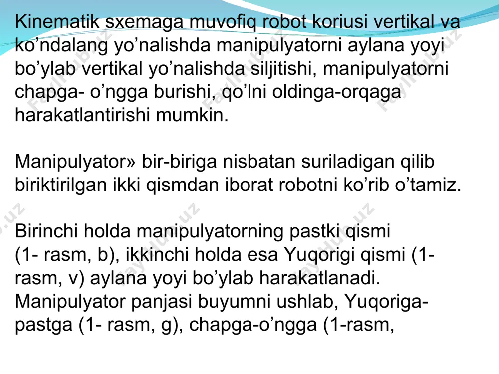 ali detallarni, shuningdek isitilgan zagotovkani qisib qo’yish uchun ishlatiladi. gidroyuritma katta qisish kuchini hosil qilish uchun ishlatiladi. manipulyator qizigan detallar bilan ishlayotganda gidroyuritmalardan foydalanish mumkin emas, chunki bunda zichlash qistirmalari quyishi va suyuqlikning qovushoqlik koeffitsienti o’zgarishi mumkin. odamnikiga o’xshash besh barmoqli panja eng universal qamrovchi mexanizmdir. barmoqlarni taranglash troschalari program­ma bo’yicha harakatlantiradi. ko’pgina texnologik operatsiyalarni bajarish uchun qamragich jaglariga yoki uning o’rniga istalgan zarur asbob: gayka buragich, parma, otvyortka, qaychi, payvandlash golovkasi, bo’yoq purkagich va shu kabilar qo’yilishi mumkin. asbob qo’lda yoki avtomatik tarzda almashtirilishi va qamragich yana o’z o’rniga qo’yilishi mumkin. robotning yuritma mexanizmlari qamrovchn mexanizmning va qo’lning harakatlanishini ta’minlash uchun zarurdir. bunday mexanizmlar turli tarzda joylashtirilgan. ular bevosita sharnirlarga yoki qo’lning zvenolariga har bir sharnir yaqiniga o’rnatila­di. mexanizmlarning bunday joylashuvi kichik quvvatli yuritmalar uchun, ya’ni kichik massali yukni ko’taradigan qo’l uchun juda qo’laydir. barcha yuritmalar manipulyator koriusidagi yagona motor blokida, elka bo’g’inlari yaqinida joylashtirilishi ham mumkin. yuritmalarning bunday …