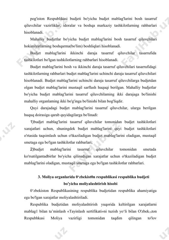 lashtirish hisobi 0‘zbekiston respublikasining respublika budjetidan respublika ahamiyatiga ega bo'lgan xarajatlar moliyalashtiriladi. respublika budjetidan moliyalashtirish yuqorida keltirilgan xarajatlarni mablag1 bilan ta’minlash «tayinlash sertifikati»ni tuzish yo‘li bilan o'zbek1ston respubhkasi moliya vazirligi tomonidan taqdim qilingan to'lov topshiriqnomalariga asosan markaziy bankning toshkent shahar bosh boshqannasi hisob-kitob kassa markazida ochilgan moliya vazirligining 23402 «respublika budjeti mablag'lari» depozit hisobvarag'idagi qoldiq doirasida amalga oshiriladi. o'zbekiston respublikasi moliya vazirligi tomonidan taqdim qilingan to'lov topshiriqnomalari «to'lov maqsadi»da xarajatlaming bo'limi, bobi, paragrafi va qaysi oy uchun moliyalashtirilganligi ko'rsatiladi. to'lov topshiriqnomasidagi jadvalda xarajatlar guruhlar bo'yicha ko'rsatiladi, bunda birinchi guruh xarajatlari turi, hisobi va analitik hisobi yoyilmalari bo'yicha ko'rsatiladi. o'zbekiston respublikasi moliya vazirligi tomonidan respublika budjetidan kapital qo'yilmalarga ajratmalar joriy budjet yili uchun tasdiqlangan respublika investitsiya dasturiga muvofiq qurilishlarning aniq ro'yxatlariga va amaldagi qonun hujjatlariga muvofiq ajratiladi. o'zbekiston respublikasi moliya vazirligi tomonidan kapital qo'yilmalar xarajatlarini moliyalashtirish uchun ajratilgan mablag'lami kirim qilish maqsadida, vazirlik va tashkilotlarga 23422 «respublika budjetidan moliyalashtirish» hisobvaraqlari faqat …