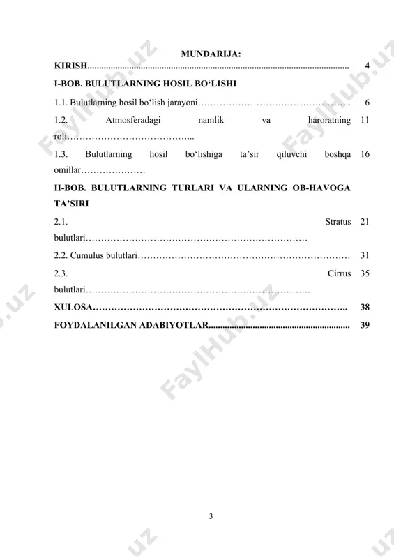 va iqlim o‘zgarishlari bilan bevosita bog‘liqdir. bugungi kunda global isish, ekologik muammolar va resurslarning kamayishi kabi masalalar bilan yuzlashayotganimizda, bulutlarning hosil bo‘lishi va ularning iqlimga ta’sirini to‘g‘ri tahlil qilish zarurati yanada ortib bormoqda. bulutlarning turli turlari, ularning atmosferadagi joylashuvi va shakllanish jarayonlari ob-havoni, yer yuzasidagi ekosistema va turli ob-havo hodisalarini aniq prognoz qilishda muhim ahamiyat kasb etadi. bulutlar, masalan, shiddatli yomg‘irlar, bo‘ronlar yoki qishda qor yog‘ishi kabi hodisalarni oldindan bashorat qilishda muhim rol o‘ynaydi. bularning barchasi iqlim o‘zgarishlari, qishloq xo‘jaligi va tabiiy resurslarni boshqarish kabi sohalarda to‘g‘ri qarorlar qabul qilishda yordam beradi. shu sababli, bulutlarning shakllanishi, ularning turlari va ob-havoga ta’siri haqidagi ilmiy izlanishlar nafaqat tabiatshunoslik sohasida, balki ekologiya va iqlimshunoslik sohalarida ham katta ahamiyatga ega. bulutlarning hosil bo‘lishi va ularning atmosferadagi o‘zgarishlarga ta’sirini o‘rganish, insoniyatning iqlimni tushunishga va boshqarishga bo‘lgan ehtiyojlarini qondirishga yordam beradi. shu bilan birga, bulutlarning iqlimga ta’siri va ob-havoning barqarorligini saqlash borasidagi ilmiy izlanishlar jahon miqyosida …
