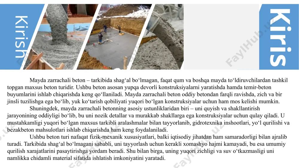 bilan tayyorlanadi. afzalliklari iqtisodiy jihatdan samarali – kam material talab etadi. yuqori zichlik va bir jinslilik – betonning aniq shakllanishiga imkon beradi. ishlab chiqarish jarayoni nisbatan oson – oddiy texnologik jarayonlarga asoslangan. mexanik ishlov berish imkoniyati – frezalash, kesish va silliqlash imkoniyatlari yuqori. kamchiliklari mustahkamligi og‘ir betonnikidan pastroq. g‘ovaklik yuqori – suv shimish darajasi ortishi mumkin. tayyorlash jarayonida aniq nisbatlarga rioya qilish muhim – tarkibiy nisbatlarning o‘zgarishi beton sifatiga ta’sir ko‘rsatadi. kuchlanish ta’siriga nisbatan past chidamlilik – mustahkamlovchi armatura ishlatilmasa, yoriqlar paydo bo‘lishi mumkin. xulosa mayda zarachali beton o‘zining tarkibida yirik tosh (shag‘al yoki mayda tosh) bo‘lmaganligi sababli o‘ziga xos xususiyatlarga ega. ushbu beton turi yaxshi shakllanishi, silliq yuzasi va yuqori zichligi bilan ajralib turadi. u ayniqsa yupqa konstruksiyalar, pardozlash ishlari, mustahkamlovchi qatlamlar va gidroizolyatsiya maqsadlarida keng qo‘llaniladi. uning asosiy afzalliklaridan biri — ishlov berish qulayligi bo‘lib, u nozik detallarga ega bo‘lgan beton mahsulotlarni tayyorlashda qo‘l keladi. shuningdek, gipsli va …