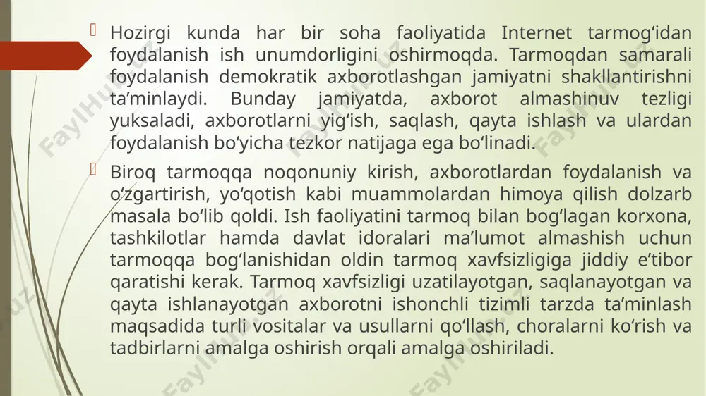 uqori darajali himoyalangan tunelni qurish mumkin. bunday tarmoqni yaratish uchun sizga har bir tarmoq qismining bitta kompyuteriga filiallar o‘rtasida ma’lumot almashishiga xizmat qiluvchi maxsus vpn shlyuz o‘rnatish kerak. har bir bo‘limda axborot almashishi oddiy usulda amalga oshiriladi. agar vpn tarmog‘ining boshqa qismiga ma’lumot jo‘natish kerak bo‘lsa, bu holda barcha ma’lumotlar shlyuzga jo‘natiladi. o‘z navbatida, shlyuz ma’lumotlarni qayta ishlashni amalga oshiradi, ishonchli algoritm asosida shifrlaydi va internet tarmog‘i orqali boshqa filialdagi shlyuzga jo‘natadi. belgilangan nuqtada ma’lumotlar qayta deshifrlanadi va oxirgi kompyuterga oddiy usulda uzatiladi. ruxsatsiz kirishni aniqlash tizimi (ids) yordamida tizim yoki tarmoq xavfsizlik siyosatini buzib kirishga harakat qilingan usul yoki vositalar aniqlanadi. ruxsatsiz kirishlarni aniqlash tizimlari deyarli chorak asrlik tarixga ega. ruxsatsiz kirishlarni aniqlash tizimlarining ilk modellari va prototiplari kompyuter tizimlarining audit ma’lumotlarini tahlillashdan foydalangan. bu tizim ikkita asosiy sinfga ajratiladi. tarmoqqa ruxsatsiz kirishni aniqlash tizimi (network intrusion detection system) va kompyuterga ruxsatsiz kirishni aniqlash tizimiga (host intrusion detection system) …