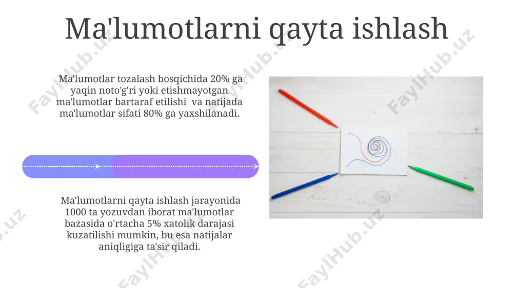 d etish, 2-toifa xatosi esa noto'g'ri tasdiqlash demakdir. xatolik manbalari, masalan, o'lchov vositalarining aniqligi yoki namunaviy o'zgaruvchanligi kabi omillar, natijalarga ta'sir ko'rsatadi va xatolik tahlilini talab qiladi. ishonch oralig'i 99% ishonch darajasi bilan aniqlangan ishonch oralig'i, 95% ishonch darajasiga nisbatan kengroq bo'lib, xatolik ehtimolini kamaytiradi, lekin aniqlikni pasaytiradi. ishonch oralig'i, odatda, o'rtacha qiymati atrofida 95% ishonch darajasiga ega bo'lib, namunaviy o'rtacha va haqiqiy o'rtacha o'rtasidagi farqni ko'rsatadi. eksperimental dizayn ba'zi eksperimental dizaynlar, masalan, faktorial dizayn, bir nechta mustaqil o'zgaruvchilarning ta'sirini bir vaqtning o'zida o'rganish imkonini beradi, bu 3 yoki undan ortiq omillarni o'z ichiga olishi mumkin. eksperimental dizaynda namunaviy hajmi 30 dan 100 gacha bo'lishi kerak, chunki bu statistik jihatdan ahamiyatli natijalar olish uchun yetarlidir. e'tiboringiz uchun rahmat @taqdimot_robot image4.jpg image5.jpg image6.jpg image7.jpg image8.jpg image9.jpg image10.jpg image11.jpg image12.jpg image13.jpg image14.jpg image15.jpg image16.jpg image17.jpg image18.jpg image19.jpg image20.jpg image1.jpeg image2.jpeg image3.jpeg