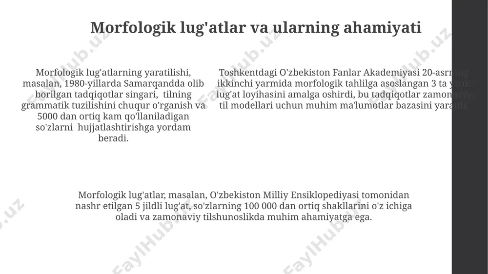 natijalarida 3000 dan ortiq so'z shakli aniqlangan bo'lsa, samarqand hududidagi o'zbek tilining dialektal xususiyatlarini tahlil qilishda qo'shimcha statistik usullar qo'llash zarur. morfologik tahlilning amaliy jihatlari морфологик таҳлилда 200 dan ortiq сўз шаклини автоматик аниқлаш учун тошкентдаги 15 та турли маълумотлар базасидан фойдаланиш самарадорлиги юқори. ўзбекистоннинг 5 та вилоятидаги 1000 дан зиёд матнлар корпусига асосланган морфологик таҳлил моделининг аниқлиги 95% дан ошади. морфологик таҳлил алгоритмининг тезлигини ошириш учун 3 та параллел процессорли системадан фойдаланиш ҳисобот тайёрлаш вақтини 2 бараварга қисқартиради. morfologik tahlilning turli tillardagi o'ziga xos xususiyatlari yaponiya tilida morfologik tahlil, uning agglutinativ bo'lmagan xususiyati tufayli, so'zlarning tartibini va kontekstini tahlil qilishni talab qiladi, bu esa ingliz tilidagi morfologik tahlildan farq qiladi. fransuz tilida morfologik tahlil jarayonida 20 ga yaqin fe'l va ot turkumlarini ajratish kerak bo'ladi, bu esa nemis tilidagi 10 ga yaqin turkumga nisbatan murakkablashtiradi. fransuz tilida morfologik tahlil jarayonida 20 ga yaqin fe'l va ot turkumlarini ajratish kerak …