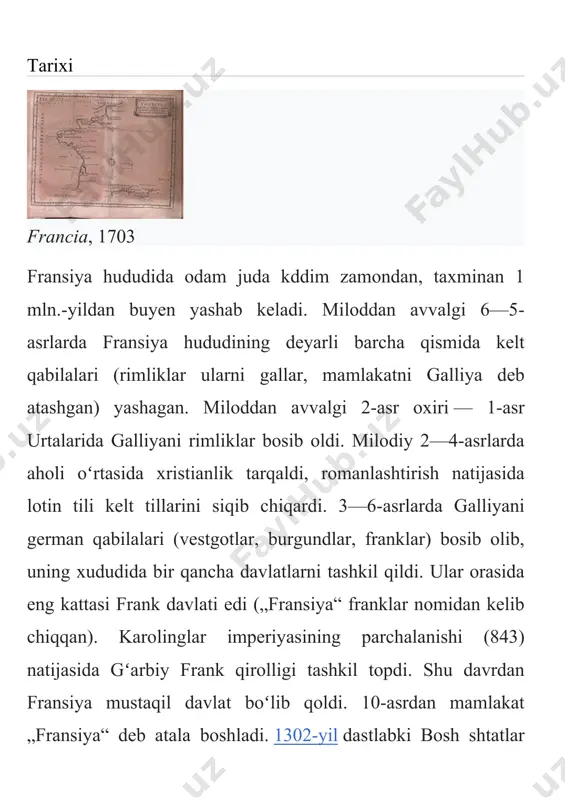 rbiy diktaturasi (dastlab konsullik, 1804-yildan imperiya) urnatiddi. napoleon davrida fransiya kupgina bosqinchilik urushlarini olib bordi, fransiya hududi birmuncha kengayib, yevropada fransiyaga tamomila qaram bulgan davlatlar paydo boʻldi. ammo shunga qaramay, fransiyaning yevropada oʻz hukmronligini oʻrnatishga boʻlgan intilishi magʻlubiyatga uchradi. 1814—1815 va 1815—1830-yillarda burbonlar monarxiyasi qayta tiklandi. 1815-yil martda napoleon yana hokimiyatni egalladi, yuz kundan keyin vaterloo yonidagi jangda (1815-yil 18-iyun) u magʻlubiyatga uchragach, parij sulhiga muvofiq, fransiya 1790 y.gi chegarasiga qaytarildi. 1830-yil iyul inqilobi natijasida burbonlar sulolasi agʻdarib tashlandi. fransiyada monarxiya vujudga keldi, orleanlik gersog lui filipp qirol deb eʼlon qilindi. 1848-yil fevral inqilobi natijasida fransiyada iyul monarxiyasi tugatilib, ikkinchi respublika qaror topdi (184852). 1851-yil 2-dekabrda boʻlib oʻtgan davlat toʻntarishidan soʻng lui napoleon bonapartning harbiy diktatura tuzumi oʻrnatildi. 1852-yil 2-dekabrda u napoleon iii nomi bilan imperator deb eʼlon kilindi. ikkinchi imperiya deb nomlangan tuzum karor topdi (1852— 70). demokratik erkinliklar bekor qilindi. ikkinchi imperiya toʻxtovsiz bosqinchilik urushlari olib bordi. 1870—1771-yillardagi …