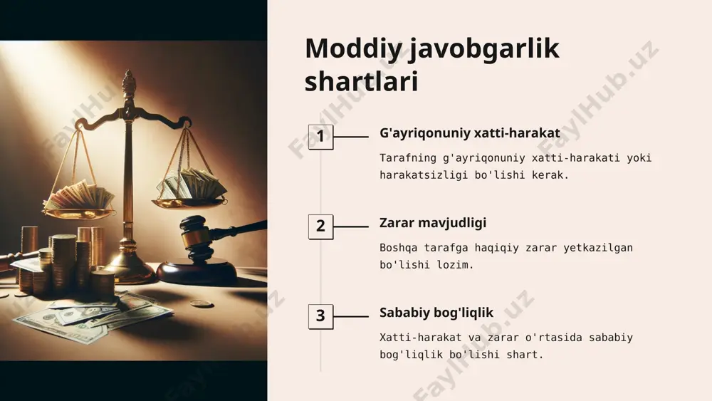 chi sudga da'vo arizasi taqdim etadi. ish ko'rish sud ishni ko'rib chiqadi va qaror qabul qiladi. ijro etish sud qarori ijro etiladi va zarar undiriladi. * zararni kamaytirish imkoniyati sud tomonidan sud zararni kamaytirishi mumkin. hisobga olinadigan holatlar aybning darajasi, aniq holatlar va xodimning moddiy ahvoli. cheklovlar jinoyat natijasida yetkazilgan zarar kamaytirilmaydi. * rahbarlarning moddiy javobgarligi 1 to'liq javobgarlik tashkilot rahbarlari to'liq moddiy javobgar bo'ladi. 2 undirish tartibi mulkdor qarori asosida yoki sud tartibida undiriladi. 3 ixtiyoriy qoplash rahbar zararni ixtiyoriy ravishda qoplashi mumkin. * o'qitish xarajatlarini qoplash shartlar shartnomada belgilangan muddatdan oldin ishdan ketganda. miqdori ishlab berilmagan vaqtga mutanosib ravishda hisoblanadi. istisno uzrli sabablar bo'lsa, xarajatlar qoplanmaydi. * moddiy javobgarlikni tartibga soluvchi hujjatlar mehnat kodeksi asosiy qonunchilik hujjati. mehnat shartnomasi taraflar o'rtasidagi kelishuv. jamoa shartnomasi ish beruvchi va xodimlar jamoasi o'rtasidagi kelishuv. *