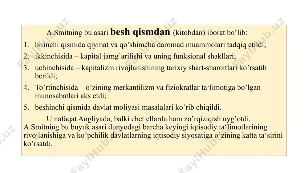 idan qutula olmagan. u hunarmandlar va savdogarlar mehnatini yer egalari mehnatiga nisbatan kam unumli bo’ladi, deb tasdiqlaydi. negaki yer egalariga tabiat «yordam» beradi va «dehqonchilikka qo’yilgan kapital haqiqiy boylikka va daromadga ancha ko’p qiymat qo’shadi». a.smitning ta‘kidlashicha, iqtisodiyotning rivojlanib borishi bilan sanoat tovarlari bahosi pasayib borish moyilligiga, qishloq xo’jaligi mahsulotlari bahosi esa o'sish moyilligiga ega. shuning uchun uning fikricha, qishloq xo’jaligiga qo’yilgan kapital ancha foydali hisoblanadi. ish haqi nazariyasi. ishchining daromad sifatidagi ish haqi a.smit bo ̳yicha, mamlakatning milliy boyligi darajasiga bevosita bog’liq. a.smitning ish haqi nazariyasining e‘tiborga molik joyi shundan iboratki, u u.petti, fiziokratlar va d.rikardodan farqli ravishda mehnatga haq to’lash miqdori yashash minimumi darajasigacha pasa- yadi, deb atalmish qonuniyatni inkor etgan. buning ustiga a.smit mehnatga bo’lgan qiziqishni kuchaytirish maqsadida ish haqini oshirish tarafdori bo’lgan. uningcha, past ish haqidan ko’ra yuqori ish haqi amal qilib turgan paytda faol faoliyat yurituvchi ishchilarni doimo topish, ishga jalb etish mumkin bo’ladi. a.smit …