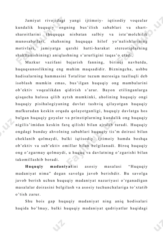 da boradi. madaniyatning umumiy ta’rifiga nazar tashlasak, bugungi kunda ijtimoiy fanlar doirasida “madaniyat” tushunchasi kabi turli-tuman, qarqma-qarshi talking va fikrlarga boy bo’lgan boshqa ijtimoiy hodisani topish qiyin. misol tariqasida shuni keltirish joizki, chet ellik olimlarning hisob-kitoblariga qaraganda, 1919 yilga qadar “madaniyat” tushunchasiga ettita ta’rif berilgan, 1950 yilga kelib bu son 164 taga, 1970 yillarda esa - 150 taga etgan. amerikalik olimlar a.kreber va k/klakxonlar esa 1950 yillarning boshida “madaniyat” tuchunchasining 257 ta ta’rifi mavjudligini ta’kidlaganlar. shu bilan birga huquqiy madaniyat nazariyasining asosiy yo’nalishlarini aniqlash masalasiga oid ijtimoiy va yuridik tadqiqotlar huquqiy madaniyat xususiyatlarining rivojlanichini ko’rsatishga e’tibor bera boshladi. jahon fanlari miqiyosida madaniyatga oid yondashuvlarni uch guruhga bo’lish mumkin: birinchidan: antropologik yondashuv; ikkinchidan: sostiologik yondashuv; uchinchidan: falsafiy yondashuv; antropologik yondashuvda madaniyat taviyat yaratgan narsalardan farqli ravishda inson tomonidan yaratilgan ne’matlarning yigindisi sifatida tushuniladi. sotciologik yondashuv esa madaniyatni ma’naviy qadriyatlar sifatida talqin etadi.. bu erda madaniyat ijtimoiy hayotning tarkibiy qismi sifatida qatnashadi. …