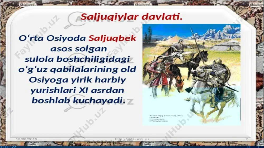 hi devon. al-mahzan al-maʼmur xazina ishlari devoni. devon al-abniyo imoratlarning qurilishi va taʼmirlanish ishlarini boshqaruvchi devon sohibi devon fuqorolik va moliyaviy ishlar boshqaruv boshligʻi. davlat yerlarining katta qismi iqto tarzida harbiylar va amaldorlarga xizmatlari evaziga inom etilgan. ilm-fan va madaniyat saljuqiylar davrida ilm – fan va madaniyat ayniqsa eron iroq va movarounnahrdagi shaharlarda rivojlandi.nishopur isfaxon basra hirot marv buxoro samarqandda koʻplab madrasalar qurildi. saljuqiylar davrida ,,siyosatnoma” asari yozilgan boʻlib bu asar bosh vazir nizom ul-mulk tomonidan fors tilida yozilgan. uning siyosatnoma asarining asosiy gʻoyasi shundan iboratki shox va hokimlarni adlu insofga,sulh va muruvvatga ,davlatni oqilona boshqarib, qatʼiy qoida va tartib oʻrnatishga,amaldorlarni vijdonli pok,halol va iymonli boʻlishga tinchlik va totuvlikni taʼminlashga davlat etadi. eʼtiboringiz uchun rahmat ! image3.jpeg image4.jpeg image5.jpeg image6.jpeg image7.jpeg image8.jpeg image9.jpeg image10.jpeg image11.jpeg image12.jpeg image13.jpeg image14.jpeg image15.jpeg image2.png