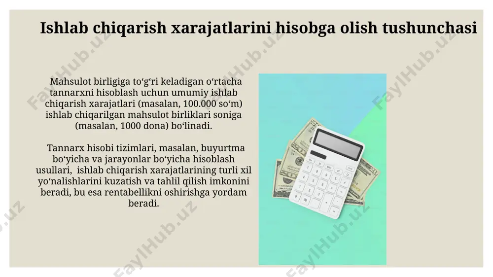 qismi energiya sarf-harajatlari, ish haqi va amortizatsiyaga to'g'ri keladi, qolgan qismi esa boshqa bevosita bo'lmagan xarajatlar hisoblanadi. xarajatlarni boshqarish xarajatlarni boshqarishda, o'rtacha 15% gacha tejashga erishish uchun, material, ish haqi va boshqa to'g'ridan-to'g'ri xarajatlarni aniq hisobga olish va tahlil qilish muhim. samarali xarajatlarni boshqarish strategiyasi sifatida, inventarizatsiya aylanish tezligini 20% ga oshirish orqali, omborxona xarajatlarini kamaytirish mumkin. standart xarajatlar hisobi agar standart va amaldagi xarajatlar o'rtasidagi farq 5% dan oshsa, xarajatlarni tahlil qilish va tuzatish choralari ko'riladi. standart xarajatlar hisobi yordamida, rejalashtirilgan ishlab chiqarish hajmi 1000 dona bo'lganda, umumiy standart xarajatlarni aniqlash mumkin. xarajatlarni tahlil qilish va nazorat qilish budjetdan chetga chiqishlarni 5% dan yuqori bo'lgan hollarda, darhol sabablarini aniqlash va tegishli tuzatishlarni amalga oshirish zarur, aks holda 10% gacha foyda yo'qotilishi mumkin. material xarajatlarini nazorat qilish uchun standart xarajatlar metodi qo'llanilsa, 2% li o'rtacha tejashga erishish va material isrofini 10% ga kamaytirish mumkin. e'tiboringiz uchun rahmat @taqdimot_robot image3.jpg image4.jpg …