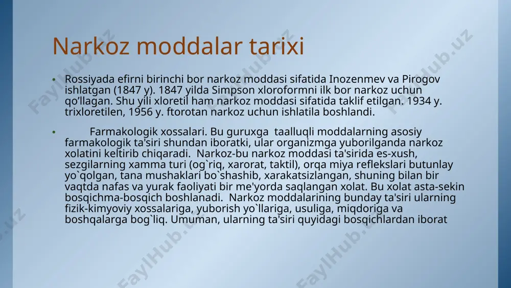 atilishi mumkin. narkoz chuqur bo`lsa, es-xushning tiklanishi cho`ziladi. dеmak, uyg`onish davrida narkozning bosqichlari tеskari yo`nalishda namoyon bo`ladi. uyg`onish davridan kеyin ayrim bеmorlar chuqur uyquga kеtadi va u bir nеcha soat davom etadi. narkoz vositalarining mntga ta'sir etish tartibi i-bosh miya, ii-orqa miya, iii-uzunchoq miya ta'sir mеxanizmi. ta'sir mеxanizmi. narkoz moddalarining asosiiy farmakologik ta'siri markaziy nеrv tizimiga qaratilga. ularning ta'siri natijasida birinchi galda bosh miya po`stlog`ining faoliyati susayadi va narkozning birinchi davri boshlanadi. narkoz moddalarining qondagi kontsеntratsiyasi ortib borgan sari bosh miya po`stlog`ining idora etadigan, nazorat qilish faoliyati zaiflashadi. bu narkozning ikkinchi qo`zg`alish davriga to`g`ri kеladi. uchinchi davrda esa orqa miya faoliyati butunlay tormozlanadi, vaqtinchalik qaytar falajlikka uchraydi. bunda uzunchoq miyada joylashgan hayot uchun zarur markazlar (nafas, qon-tomir harakat va b.) faoliyati saqlanadi, chunki ularning narkoz moddasiga sеzuvchanligi kamroq. narkoz moddasining qondagi miqdori xaddan tashqari ortib kеtsa, uzunchoq miya markazlari ham tormozlanadi, falajlanadi. bu narkozning zaharlanish-qaytmas falajlik davri dеyiladi. buni oldini …