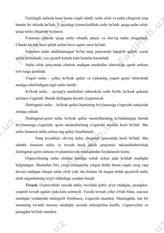 nafas olish yoki shu holatni tik turgan holda qaytarish nafas olish organlarining to'g'ri ishlashiga yordam beradi. tovush. o'qituvchilar orasida tabiiy ravishda ijobiy ta'sir etadigan, jarangdor, yoqimli tovush egalari juda kam uchraydi. yaxshi tovush yillar o'tishi bilan, maxsus mashqlar yordamida chiniqtirib borilmasa, o'zgarishi mumkin. shuningdek, har bir insonning tovushi maxsus mashqlar asosida chiniqtirilsa kuchli, o'zgaruvchan va jarangdor bo'lishi mumkin. tovush apparatining tuzilishi bilan tanishib chiqamiz. tovush apparati 3 qismdan iborat: generator, rezonator, energiya tizimi. generator tizim – tovushni generasiyalaydi, tovush paylarida va og'iz bo'shlig'ida sodir bo'ladi. tovushlarni tonal va shovqin tovushlarga ajratadi. rezonator tizimga halqum, og'iz va burun bo'shlig'i kiradi. u nutq dinamikligini ta'minlaydi. energetik tizimga yuqori nafas yo'llari kirib, tovush hosil qilishda ishtirok etadigan havo oqimining tezligi va hajmini ta'minlaydi. o'qituvchi tovushining muhim xususiyatlari tovush o'pkadan chiqayotgan havo oqimining tovush paylari tomonidan to'sib qolinishi natijasida hosil bo'ladi. tovushning muhim jihatlari tovush apparatining qay darajada shakllanganligiga bog'liq. o'qituvchi tovushining muhim jihatlariga …