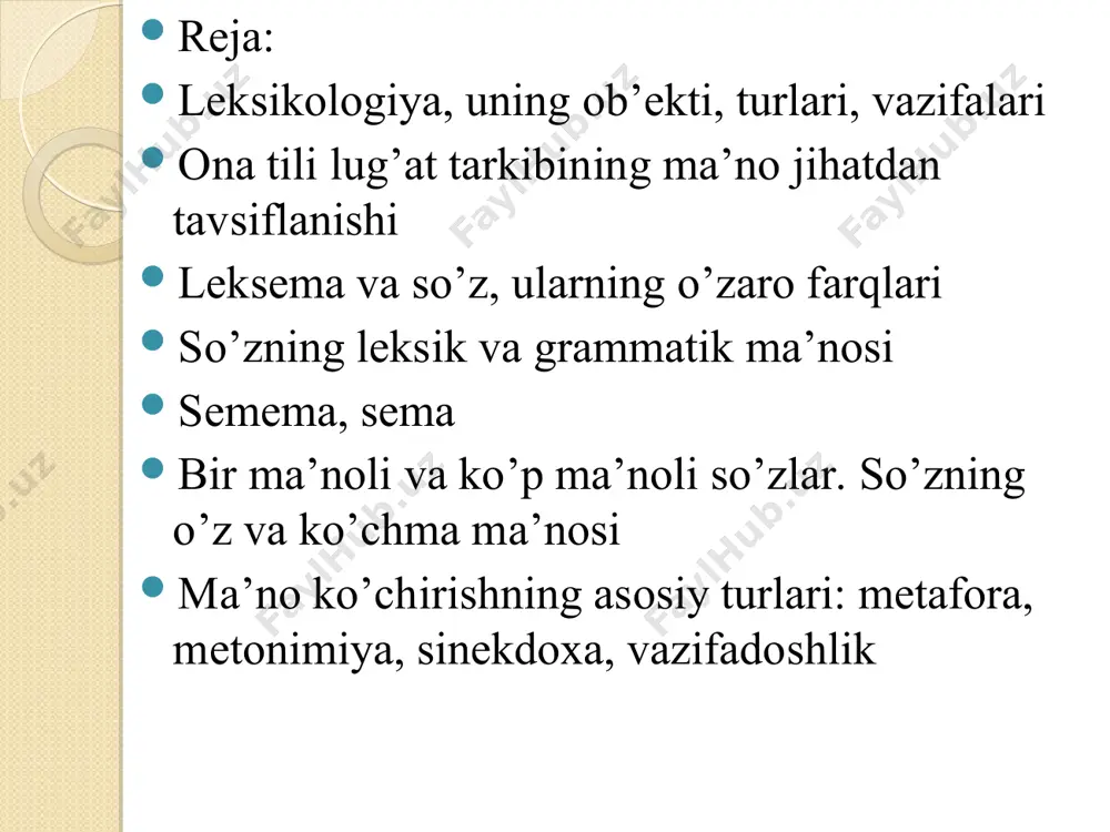 strukturaviy va sistemaviy xususiyatlarini, taraqqiyot qonuniyatlarini, tilning boshqa sathlari (fonetik sath, grammatik sath) bilan aloqasini tadqiq qilish. lcksikologiyaning vazifalari: a) muayyan til lug’at boyligidagi eskirish va yangilanish jarayonlarini, bu jarayonlarda lisoniy va nolisoniy (lingvistik va ekstratingvistik) omillarning ishtirokini o’rganish; b) tug’aviy birliklarning funksional-semantik tavsifini berish, eskirgan, yangi va zamonaviy qatamlarini, tematik guruhlari va mikrosistemalarini aniqlash, tisoniy va uslubiy xususiyatlarini yoritish; d) talabalarni leksikaga oid nazariy bilimlar biian qurollantirish. ularda leksik-semantik tahlil ko'nikmatarini shakllantirish. leksikologiyaning turlari leksikologiya barcha tillarning tug'at boyligi taraqqiyotiga xos umumnazariy masalalar bilan birga, ayrim olingan bir tilning lug’at boyligi masalalari bilan ham shug’ullanadi. shunga ko'ra u dastlab ikki turga - umumiy leksikologiya va xususiy leksikologiyaga bo'linadi. i. umumiy leksikologiyada barcha tillarning tug’at tarkibi taraqqiyotini belgilovchi qonuniyatlar ko'riladi: til va jamiyat, til va ong, til va tafakkur munosabatlarining lug’at tarkibiga ta'siri, buning lug'at tarkibida ma'lum o’zgarishlarga olib kelishi, lug'aviy birliklarning zamonaviylik, tarixiylik, ekspressiv-stilistik jihatdan qatlamlanishi, ma’lum tematik va …