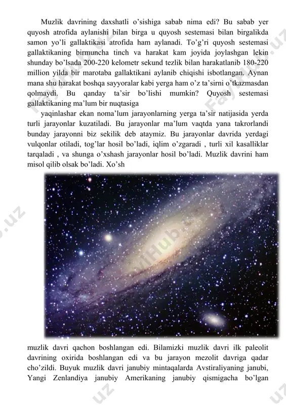 an deb malumot berishmoqda ya’ni yerning iqlimi va harorati asosan to’rta omil ta’sir etadi. · yerning quyoshdan qancha uzoqligi. · yerning aylanish burchagi. · yer atmosferasining tarkibi · yer atmosferasining zichligi bu omillar iqlimning meyorida bo’lishini taminlaydi qutublarning siljishiga qaytadigan bo’lsak qutublar skandenaviya yarim oroliga ko’chdi va shundan keyin yevropa soviy boshladi ya’ni yevropada muzlik davri boshlandi agar shimoliy qutb sharqiy sibir dengiziga borgan bo’lsa demak osiyoda ham muzlik davri bo’lgan qutublar siljishi jarayoni 3600-3700 yil oralig’ida sodir bo’lib turadi bu jarayon ilmiy tilda “ko’p asrlik retmiylik “ deb ataladi. muzlik davrida dengiz sathi yanada tez pasaydi taxminan 10 ming yil oldin golatsenning boshida dengiz sathi 80-120 metr ba’zan undan ham ortiqroq pasaydi bu jarayonlar asosan shimoliy muz okeanida va boltiq dengizida hosil bo’lgan. endilikdagi geologek, beologik namunalarni radizotop tahlillarga asoslanib janubi - g’arbiy va shimoliy - sharqiy yarim sharlarda muzlash va ilish jarayoni deyarli bir vaqtda boshlangan ekan muzlik …