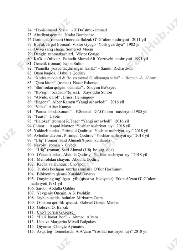 z aytmatov “yoshlar nashriyot uyi” 2018 yil 60. mangu iztirob. villi korsari akademnashr 2015 yil 61. yetti iqlim sultoni . hilda hukhem “adolat” nashriyoti 1999 yil 62. sohibqiron nabirasi. xurshid davron “sharq” 1995 yil 63. salomon va ibsol. ibn sino 64. xamsa - “farxod va shirin”-alisher navoiy . 2018 65. “qutadg’u bilig” yusuf hos hojib g’.g’ulom nashriyoti 1971 yil 66. “qizil va qora” (roman) stendal g’.g’ulom nashriyoti 1986 yil 67. anna karenina (roman) lev tolstoy g’.g’ulom nashriyoti 1980 yil 68. kafansiz ko’milganlar (roman) shukrullo “sharq” - 2007- yil 69. amerika fojiasi (roman) teodar drayzer g’.g’ulom nashriyoti 1976 yil 70. muvozanat (roman) ulug’bek hamdam “sharq” nashriyoti 2007- yil 71. choliqushi (roman) rashod nuri guntekin 72. bozor (roman) xurshid do’stmuhammad 73. jinoyat va jazo f.dostoyevskiy g’.g’ulom nashriyoti 2019 yil 74. “donishmand siziv” - x.do’stmuxammad 75. abadiyat qonuni . nodar dumbadze 76. gorio ota (roman) onore de balzak g’.g’ulom nashriyoti 2011 yil 77. …