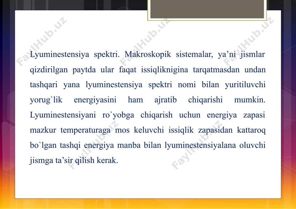 lda turgan yoki erigan holda bo`lgan murakkab molekulali moddalarga xosdir. (1 xol) 2. majburiy o`tish vaqtida modda tashqaridan energiya qabul qilganidan keyin o`z–o`zicha metactabil, (beqaror) holda o`tadi. metastabil holatda turgan bunday sistemaga qo`shimcha turgan energiya berilsa (bu energiya lyaminoforning ichki energiyasining hisobiga yoki yorug`likning infraqizil sohasidagi tashqaridan berish xisobiga) u norlanish pog`onasiga o`tadi va lyuminestensiya spekterini chiqaradi. (2 hol) 3. rezonans o`tish (lyuminestensiyalanish). metal atomlarining bug`larida va oddiy molekulali (ba’zan molekula murakkab bo`lishi ham mumkin) moddalarda kuzatiladi. nurlanishni spontak harakterga ega bo`ladi va energiya qabul qilib qo`tarilgan sohadan qaytish hisobiga ro`y beradi. (3 xol). 4. rekombinatsion nurlanishi kuzatiladi holga energiyani qabul qilish natijasida hosil bo`lgan murakkabligi qayta qo`shilishi (tiklanish, rekombinatsiyalanish) neytron chiqadigan nurga rekombinatsion nurlanish deyiladi. murakkab molekula energiyasi bog`lar va energetikpog`onalar o`rtasida uzluksiz ravishda qayta taqsimlana–turadigan statistic sistemadir. tebranma pog`onalarning o`zaro kuchli ta’sirlashuvi natijasida energetik pog`onalarning surkalganday bo`lishi (har hil tomonga siljishi) va yuqori darajada angarmonikligi kuzatiladi. shu sababdan …