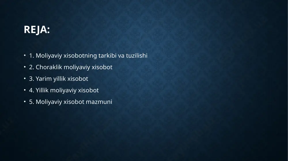 n shakl-«debitorlik va kreditorlik qarzlar bo’yicha ma’lumotnoma»; -4-son shakl-«pul oqimlari to’g’risidagi hisobot». choraklik hisobot bo’yicha: -1-son shakl - «buxgalteriya balansi»; -2-son shakl - «moliyaviy faoliyat to’g’risida hisobot»; -2a-son shakl - «debitorlik va kreditorlik qarzlar bo’yicha ma’lumotnoma». ushbu yangi hisobot shakllariga 1999-yil 21-oktabrida, moliya vazirligining 266-son buyrug’iga asosan o’zgartirish kiritildi. uning ma’nosi, yuqorida tasdiqlangan buyruqdagi 2-son hisobot nomlanishini, «moliyaviy natijalar to’g’risida hisobot», degan nomlanishga o’zgartirishdan iborat edi. bundan tashqari, moliya vazirligi 1998-yil 26-iyunida 79-son «moliya vazirligining 1997-yil 15-yanvardagi 5-son buyrug’iga o’zgartirishlar kiritish to’g’risidagi buyruq» chiqarib, unda korxona va tashkilotlar yuqorida ko’rsatib o’tilgan shakllar bilan birga yana 2b-son «moliyaviy-iqtisodiy ahvol to’g’risidagi ma’lumotnoma»ni ham taqdim etishi shartligi qayd etildi. aynan shu buyruqning o’zi bilan ushbu shaklni to’ldirish to’g’risidagi yo’riqnoma ham tasdiqlangan. endilikda esa moliyaviy hisobot shakllari, o’zbekiston respublikasi moliya vazirligining «moliyaviy hisobot shakllari va ularni to’ldirish qoidalarini tasdiqlash to’g’risida»gi 2002-yil 27-dekabrdagi 140-son buyrug’iga muvofiq tuzilmoqda. bu buyrug’iga 12.11.2003-yil va 20.12.2004-yilda moliya vazirligining mos …