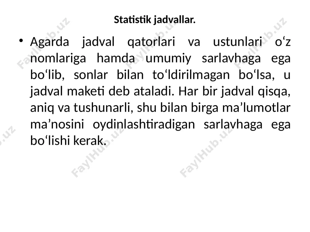 yo‘li bilan tuziladi. faset shaklida tuzilgan tasniflashga dunyo mamlakatlarini xalqaro standart tasniflanishi misol bo‘la oladi. unda butun dunyo mamlakatlari uch fasetda - 1) bozor iqtisodiyoti rivojlangan mamlakatlar; 2) bozor iqtisodiyoti rivojlanayotgan mamlakatlar va 3) bozor iqtisodiyotiga o‘tayotgan mamlakatlar iqtisodiy rivojlanish darajasiga qarab ro‘yxati beriladi ierarxik tasniflash - bu birliklarning bir-biriga bo‘ysungan holda tasniflarini tuzish demak. tasniflashning ierarxik (pog‘onama-pog‘ona) tuzilmaviy usulida obyektlar majmuasi bir-biriga bo‘ysungan tasnif guruhlariga ma’lum ketma-ketlikda taqsimlanadi. dastlab ular bir belgi asosida yirik guruhlarga, keyin ikkinchi belgi asosida har bir yoki ayrim yirik guruh doirasida kichik guruhlarga, so‘ngra ularning chegarasida sinflarga, va shu tartibda turlicha darajali qismlarga ajratiladi. natijada tasniflash obyekti batafsil tavsiflana boradi. statistik guruhlash statistik guruhlash - bu o‘rganilayotgan hodisalarni muhim belgilariga qarab bir xil (turdosh) guruhlarga birlashtirishdir. statistikada guruhlash deb o‘rganilayotgan hodisalarni (obyektlarni, birliklarni) muhim belgilariga asoslanib turdosh (sifatdosh) guruhlarga (to‘plamlarga) birlashtirish yuritiladi. masalan, aksioner kompaniyalarni dividend to‘lash darajasiga qarab guruhlarga ajratish. guruhlash turlari guruhlash …