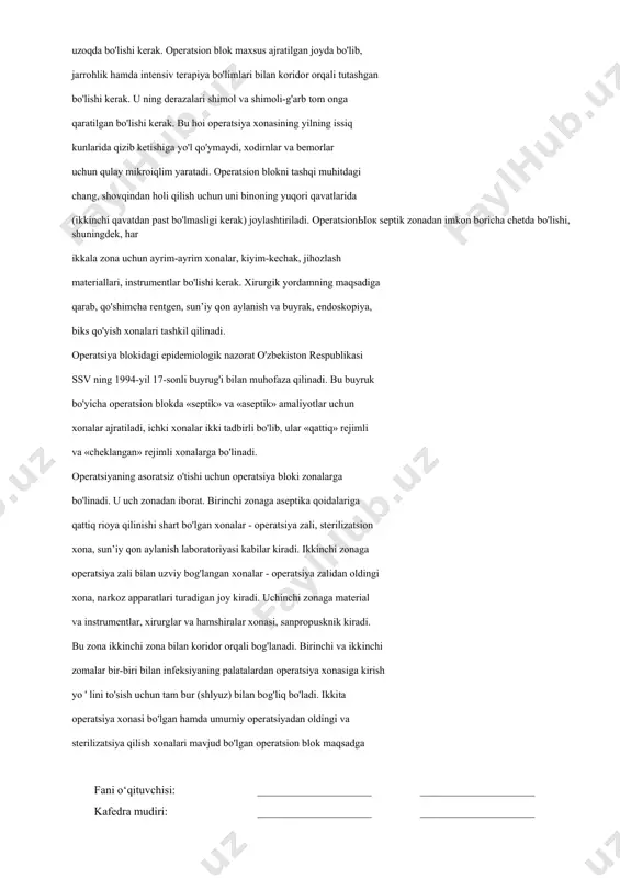 i, shuningdek, har ikkala zona uchun ayrim-ayrim xonalar, kiyim-kechak, jihozlash materiallari, instrumentlar bo'lishi kerak. xirurgik yordamning maqsadiga qarab, qo'shimcha rentgen, sun’iy qon aylanish va buyrak, endoskopiya, biks qo'yish xonalari tashkil qilinadi. operatsiya blokidagi epidemiologik nazorat o'zbekiston respublikasi ssv ning 1994-yil 17-sonli buyrug'i bilan muhofaza qilinadi. bu buyruk bo'yicha operatsion blokda «septik» va «aseptik» amaliyotlar uchun xonalar ajratiladi, ichki xonalar ikki tadbirli bo'lib, ular «qattiq» rejimli va «cheklangan» rejimli xonalarga bo'linadi. operatsiyaning asoratsiz o'tishi uchun operatsiya bloki zonalarga bo'linadi. u uch zonadan iborat. birinchi zonaga aseptika qoidalariga qattiq rioya qilinishi shart bo'lgan xonalar - operatsiya zali, sterilizatsion xona, sun’iy qon aylanish laboratoriyasi kabilar kiradi. ikkinchi zonaga operatsiya zali bilan uzviy bog'langan xonalar - operatsiya zalidan oldingi xona, narkoz apparatlari turadigan joy kiradi. uchinchi zonaga material va instrumentlar, xirurglar va hamshiralar xonasi, sanpropusknik kiradi. bu zona ikkinchi zona bilan koridor orqali bog'lanadi. birinchi va ikkinchi zomalar bir-biri bilan infeksiyaning palatalardan operatsiya xonasiga …