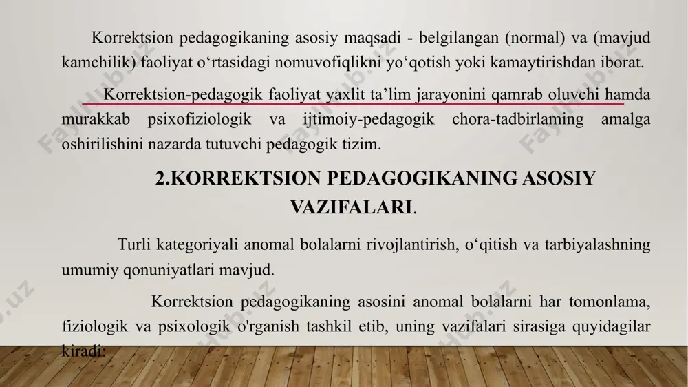 hida nuqsoni bo‘lgan bolalar bilan korrektsion ishlar quyidagi yo‘nalishlarda olib boriladi: bolalaming rivojlanishi va xulqidagi nuqsonlar tabiati va mohiyatini aniqlash, ulaming yuzaga kelishi sabablari va sharoitlarini o‘rganish. rivojlanishi va xulqida nuqsonlar bo‘lgan bolalar bilan korrektsion-pedagogik faoliyatni tashkil etish va rivojlanishi tarixini o‘rganish. bolalaming rivojlanish va xulqidagi nuqsonlaming oldini olishga xizmat qiluvchi ijtimoiy-pedagogik shart-sharoitlar va psixofiziologik rivojlanishi etimologiyasi (sabab-oqibatli asoslari)ni aniqlash. rivojlanishida kamchilik va xulqida nuqsonlar bo‘lgan bolalarga korrektsion-pedagogik ta’sir ko‘rsatish texnologiyasi, shakl, metod va vositalarini ishlab chiqish. ommaviy umumiy o‘rta ta’lim sharoitida rivojlanishi va xulqida nuqsonlar bo‘lgan bolalaming umumiy va maxsus ta’limi mazmunini tahlil qilish. bolalami reabilitatsiya qilish va himoyalash markazlari, maxsus muassasalarining maqsadi, vazifa va asosiy yo‘nalishlarini aniqlash. anomal bolalar bilan korektsion-pedagogik faoliyatni tashkil etuvchi o‘qituvchilami tayyorlashning zarur o‘quv-metodik bazasini yaratish. korrektsion-tarbiyaviy ishlar anomal bolalaming rivojlanishidagi kamchiliklami yo‘qotish yoki kamaytirishga qaratilgan maxsus pedagogik chora-tadbirlar tizimidir.korrektsion-tarbiyaviy ishlar faqat alohida nuqsonlami tuzatishga yo‘naltirilgan bo‘lmay, balki umumiy rivojlantirishga qaratilgan. o‘quvchilaming rivojlanishi va …