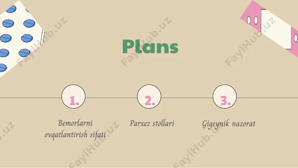 rtlariga rioya qilishni o'z ichiga oladi. bu talablar oziq-ovqatning xavfsizligini ta'minlash va bemorlarning sog'lig'ini saqlashda muhim rol o'ynaydi. sog'liqni saqlashdagi roli gigienik talablar sog'liqni saqlashda bemorlarning tezroq tiklanishiga yordam beradi. to'g'ri ovqatlanish va gigiena qoidalariga amal qilish, infektsiyalarni oldini olish va ovqatlanish bilan bog'liq muammolarni kamaytiradi. oziq-ovqat xavfsizligi oziq-ovqat xavfsizligini ta'minlash uchun, ovqatlar tayyorlanishidan oldin va davomida qo'l gigienasiga e'tibor berish zarur. oziq-ovqatni saqlash sharoitlari, shuningdek, ularning iste'mol muddatlariga rioya qilish muhimdir. gigiena qoidalari gigiena qoidalariga rioya qilishda, oziq-ovqatni to'g'ri saqlash, tayyorlash va iste'mol qilish tartib-qoidalariga amal qilish kerak. bu amallar bemorlarning umumiy salomatligini yaxshilashga yordam beradi. sifat nazorati jarayoni rejalashtirish bosqichi ovqatlanish sifatini nazorat qilish jarayonida rejalashtirish muhim ahamiyatga ega. bu bosqichda maqsadlar belgilab olinadi va resurslar taqsimlanadi, shuningdek, ovqatlanish jarayonining barcha jihatlari rejalashtiriladi. masalan, ovqatlarning taqdimoti va gigienik shartlar aniqlanadi. amalga oshirish bosqichi bu bosqichda rejalashtirilgan tadbirlar amalga oshiriladi. bemorlarning ovqatlanishida gigienik talablar va sifat standartlariga rioya qilishga …