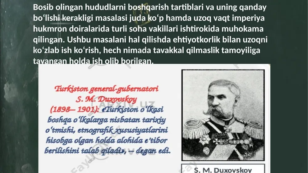 doimiy a’zolari bo‘lishgan. buxoroda esa 1885-yil rossiya imperatorining siyosiy agentligi faoliyati yo‘lga qo‘yildi. uning ruxsatisiz buxoro amiri tashqi va ichki siyosatda mustaqil ish olib borolmagan. 1886-yil 12-iyulda imperator aleksandr iii tomonidan yangi ʻʻturkiston o‘lkasini idora qilish to‘g‘risidagi nizomʼʼ tasdiqlandi. mazkur nizomning asosiy maqsadi o‘lkada ma’muriy boshqaruvni mustahkamlash va yerdan foydalanish tartiblarini o‘zgartirishdan iborat bo‘lgan. nizomga muvofiq zarafshon okrugi samarqand viloyatiga aylantirildi. xo‘jand, jizzax, kattaqo‘rg‘on, samarqand uyezdlari uning tarkibiga kiritildi. qurama uyezdining nomi toshkent uyezdi deb o‘zgartirildi. 1886-yilda turkiston general-gubernatorligining umumiy hududi 1,7 million kv. km bo‘lib, aholisining soni 5,2 million kishidan iborat bo‘lgan. o‘zbeklar va boshqa tub xalqlar 1897-yilda 5 millionga, 1911-yilda esa qariyb 6 millionga yetgan. rus aholisining umumiy soni ukrainlar va beloruslarni ham qo‘shib hisoblaganda 1897-yilda 197 ming kishini, 1911-yilda esa 400 ming kishini tashkil qildi. podsho hukumati hamisha ko‘chirib keltirilganlar sonining ortib borishiga qaratilgan chora-tadbirlarni amalga oshirib bordi. ular mustamlaka siyosatini amalga oshirishda tayanch bo‘lib xizmat qilishi …