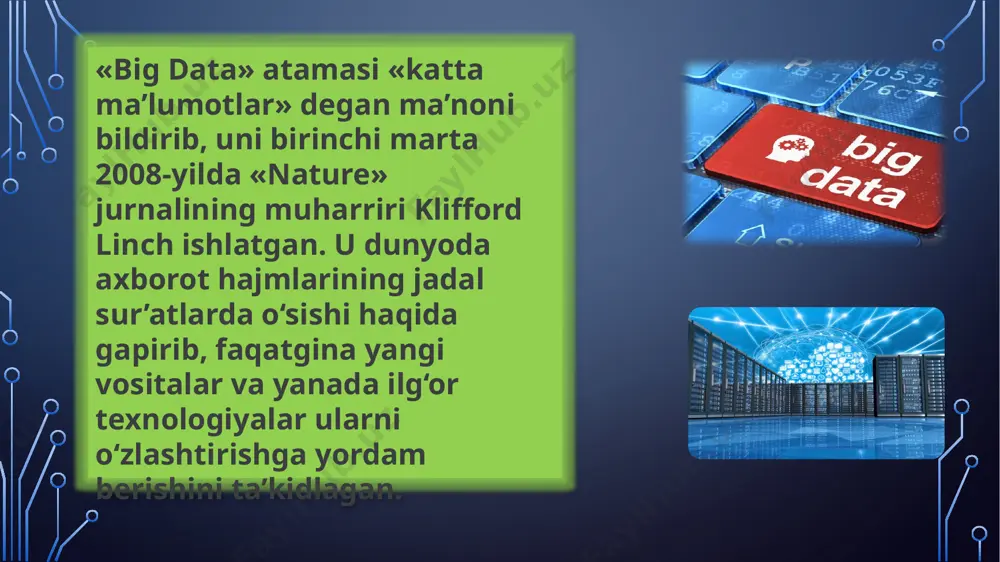 ga kelib, eng yirik it-kompaniyalar, shu jumladan ibm, oracle, microsoft va hewlett-packard, o'z biznes strategiyalarida big data atamasidan faol foydalanmoqdalar. asta-sekin, axborot texnologiyalari bozori tahlilchilari ushbu kontseptsiya bo'yicha faol izlanishlarni boshlaydilar. big date printsipi asosida ishlaydi: ma'lum bir mavzu yoki hodisa haqida qanchalik ko'p bilsangiz, shunchalik ishonchli yangi tushunchaga erisha olasiz va kelajakda nima bo'lishini bashorat qila olasiz. ko'proq ma'lumotlar nuqtalarini solishtirish avval yashiringan munosabatlarni yaratadi va bu munosabatlar bizga o'rganish va yaxshiroq qarorlar qabul qilish imkonini beradi. katta ma’lumotlar bozori 2020-yilda 198,08 mlrd dollarga baholangan bo‘lsa, 2022-yilga kelib 274,3 mlrd dollargacha o‘sadi va yaqin 5 yillikda yillik o‘sish sur’ati 13,2 foizni tashkil qiladi. 2027-yilga kelib 103 mlrd dollargacha o‘sishi va dasturiy ta’minot segmenti 45 foizni tashkil qilishi kutilmoqda. forbes 2025-yilga borib real vaqt rejimida 150 zettabayt yoki 150 trln gigabaytdan ortiq ma’lumotlar tahlil qilinishini bashorat qilgan. forbes ma’lumotlariga ko‘ra, kompaniyalarning 95 foizdan ortig‘i tuzilmagan ma’lumotlarning bir nechta to‘plamini boshqarishda …