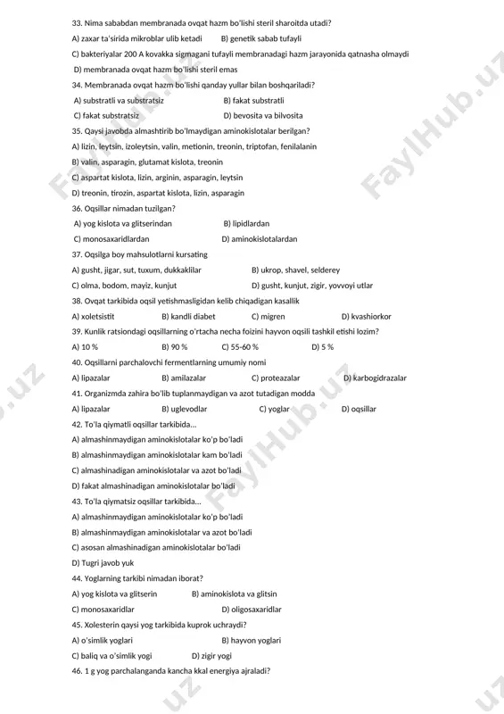 sinkalar ustida birikib d) vorsinkalarning pastki qismida 29. ingichka ichak devorining shilliq qavati qaysi jarayonlarni amalga oshiradi? a) harakat va motor b) harakat va so’rilish c) harakat d) parchalanish 30. mikrovorsinkalar orasidagi kovaklarning kengligi qancha? a) 100 a0 b) 200 a0 c) 300 a0 d) 400 a0 31. ovqat hazm qilishning qanday tiplarini bilasiz? 1) hujayradan tashqarida - distant; 2) hujayra ichida; 3) membranada a) 1, 2 b) 1, 3 c) 2, 3 d) 1, 2, 3 32. membranada ovqat hazm bo’lishini qanday fermentlar amalga oshiradi? a) amilaza, lipaza, proteazalar. b) oligosaxaridazalar, oligopeptidazalar, monoglitseridlipazalar, fosfatazalar va b. c) lipaza va proteazalar. d) amilaza va lipazalar. 33. nima sababdan membranada ovqat hazm bo’lishi steril sharoitda utadi? a) zaxar ta‘sirida mikroblar ulib ketadi b) genetik sabab tufayli c) bakteriyalar 200 a kovakka sigmagani tufayli membranadagi hazm jarayonida qatnasha olmaydi d) membranada ovqat hazm bo’lishi steril emas 34. membranada ovqat hazm bo’lishi qanday …