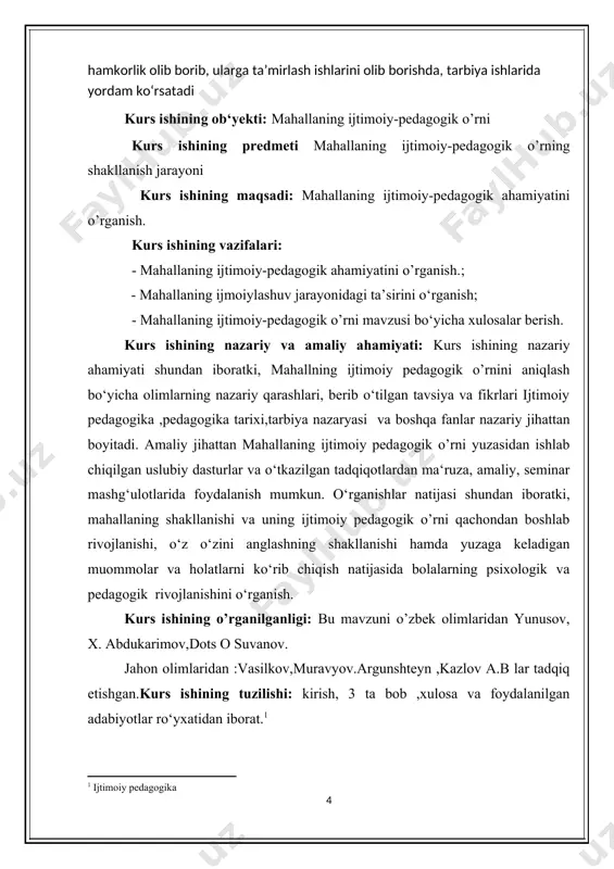 tutsa, ikkinchidan, undagi tinchlik, xotirjamlik, mahalla aqlining jipsligi hamda hamjihatligini o`z ichiga oladi. aynan shu mahalla yosh nihol uchun norasmiy muloqati orqali tarbiya o`chog`i sanaladi. respublika vazirlar mahkamasining 2002 yil 16-maydagi 162-sonli qarori asosida mahallalarda pedagog-tarbiyachilar shtati tashkil etildi. ularning militsiya tayanch punktlarida faoliyat yuritishi profilaktika inspektorlari tomonidan hisobga olingan tarbiyasi og`ir bolalar va o`smirlarni to`g`ri yo`lga solishda birmuncha qo`l keladi. mahalladagi pedagog-tarbiyachiga 30 yoshgacha bo`lgan, jismonan baquvvat, kamida 5 yildan kam bo`lmagan pedagogik stajga ega bo`lgan, sport va biznesni yaxshi tushunadigan, mahalladagi yoshlarni yoki tarbiyasi og`ir bolalarni, voyaga yetmaganlarni o`z orqasidan ergashtirib, ular bilan shug`ullanadigan shaxs bo`lishi lozim. bu ishlarni amalga oshirishda “mahalla” jamg`armalari, yoshlarning “kamolot” ijtimoiy harakati, sport qo`mitalari o`rtasidagi hamkorlikni tashkil etish muhim ahamiyat kasb etadi. demak, “bir bolaga yetti mahalla-ota ona” degan naqldan kelib chiqib, kelajak avlodni tarbiyalashda kichik vatan bo`lmish oila va mahallaning o`rni beqiyosdir. jamiyat mustahkam, ma`naviy va axloqiy jixatdan sog`lom oila bolishidan manfaatdordir. …